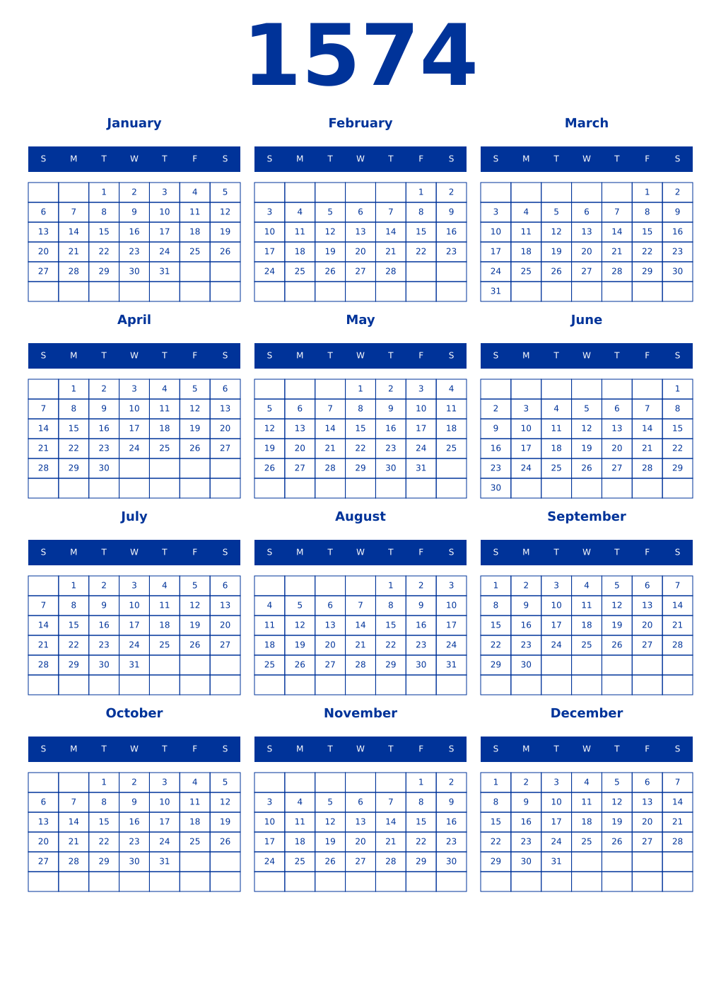Printable 1574 Year Calendars smalt