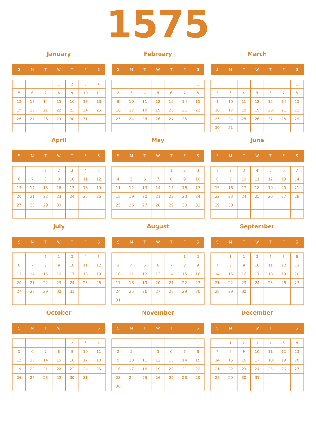 Printable 1575 Year Calendars orange