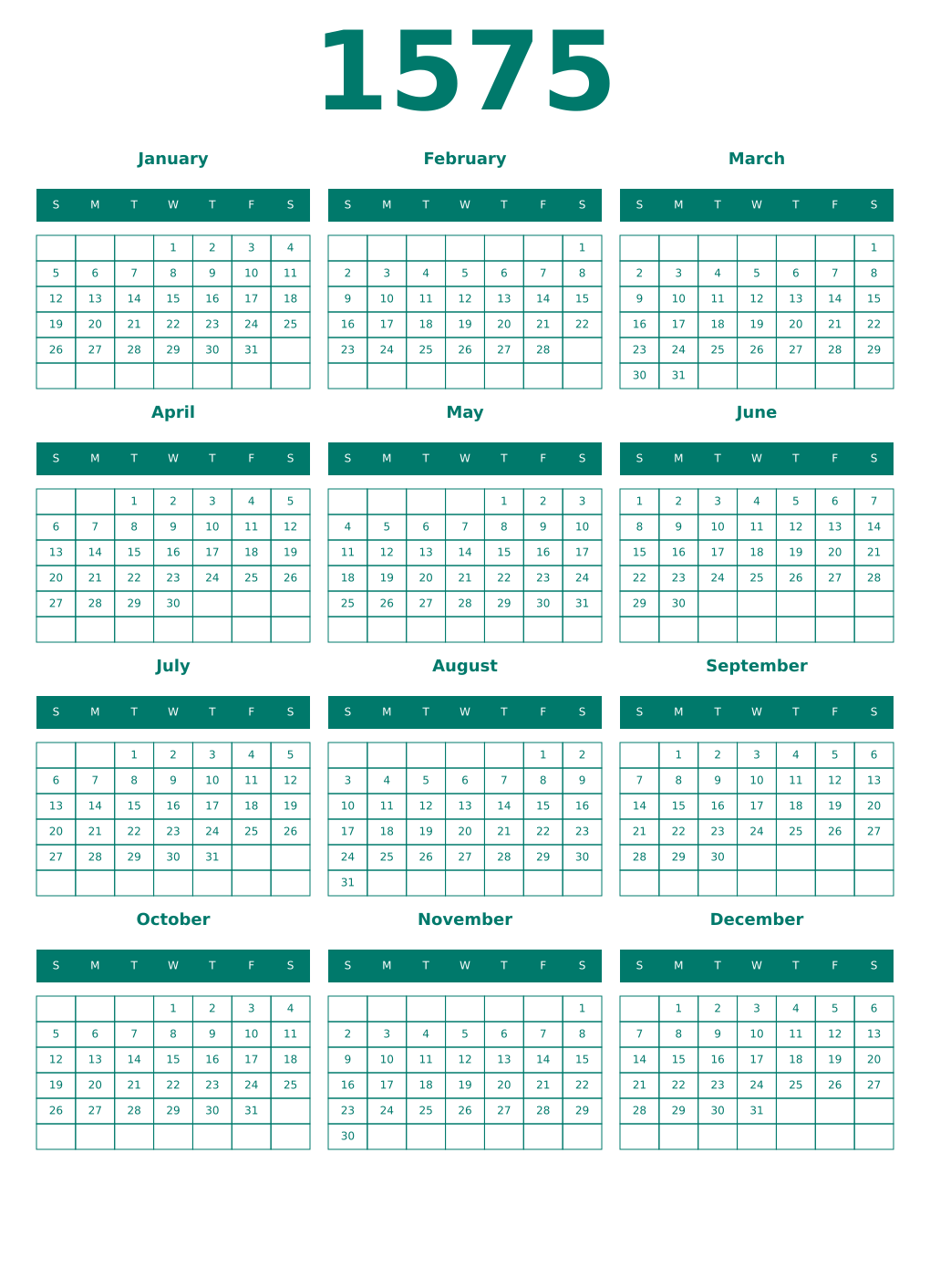 Printable 1575 Year Calendars pastel