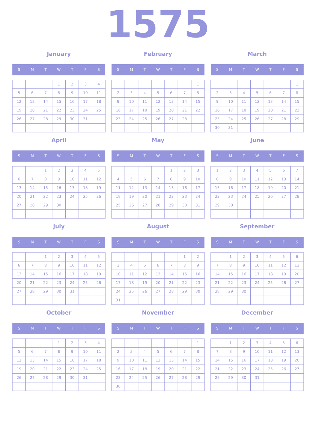 Printable 1575 Year Calendars periwinkle