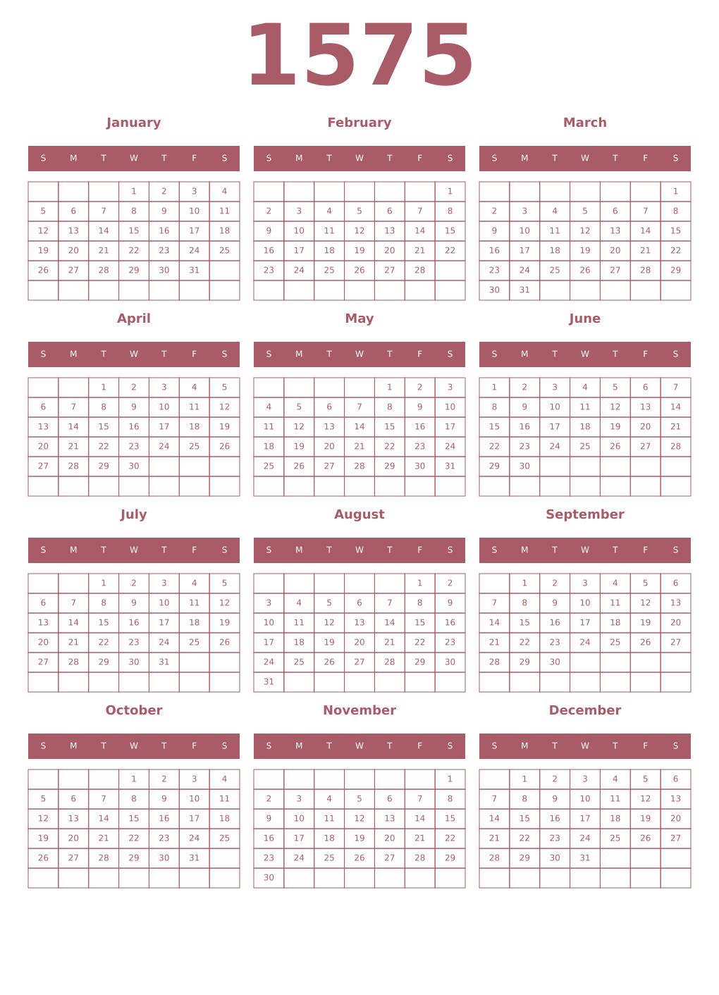 Printable 1575 Year Calendars puce