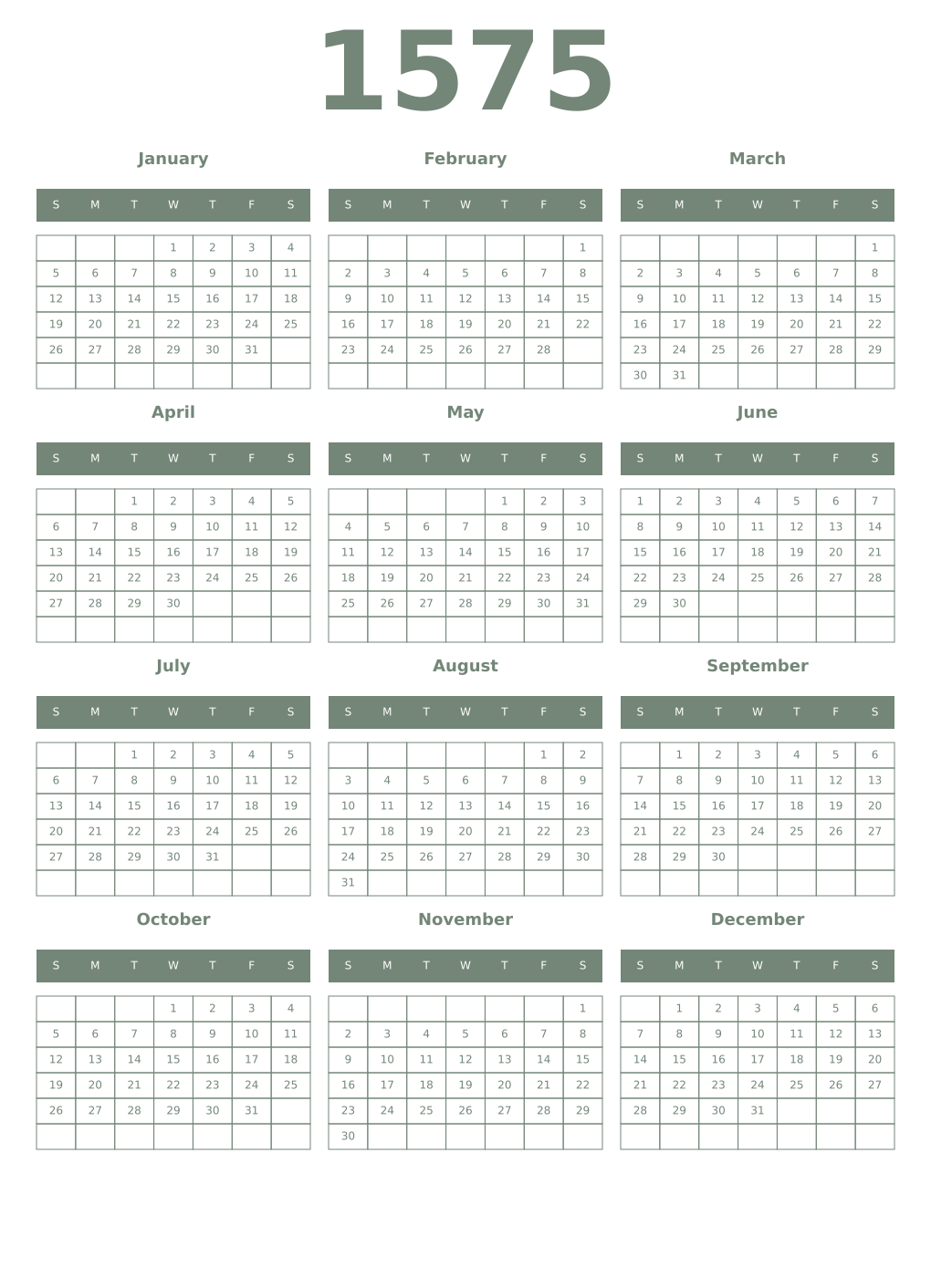 Printable 1575 Year Calendars xanadu