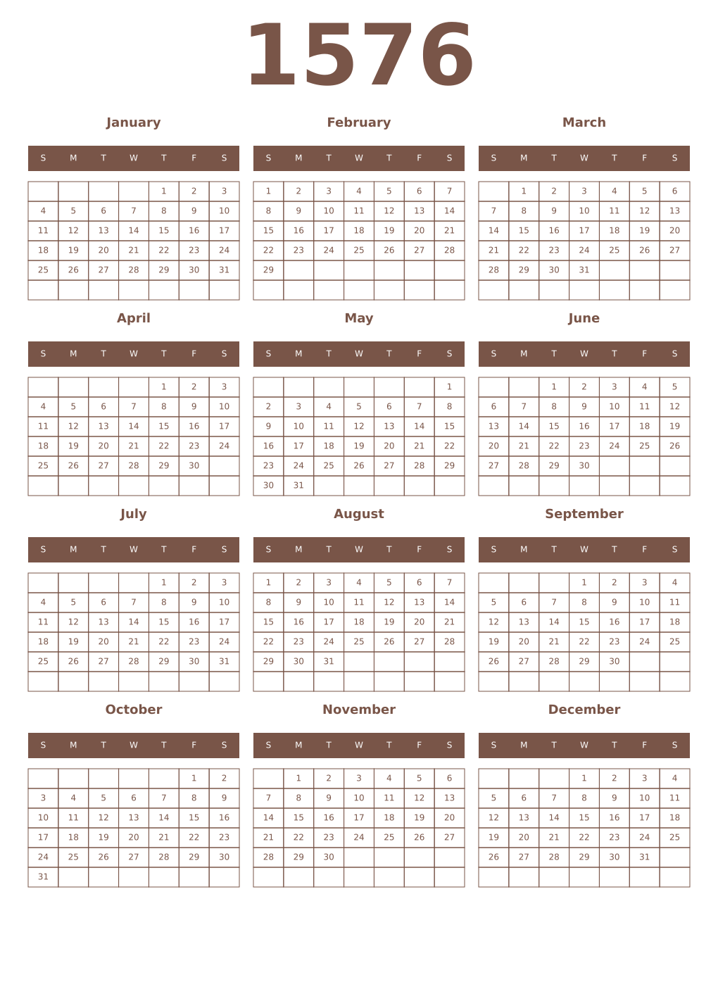Printable 1576 Year Calendars coffe