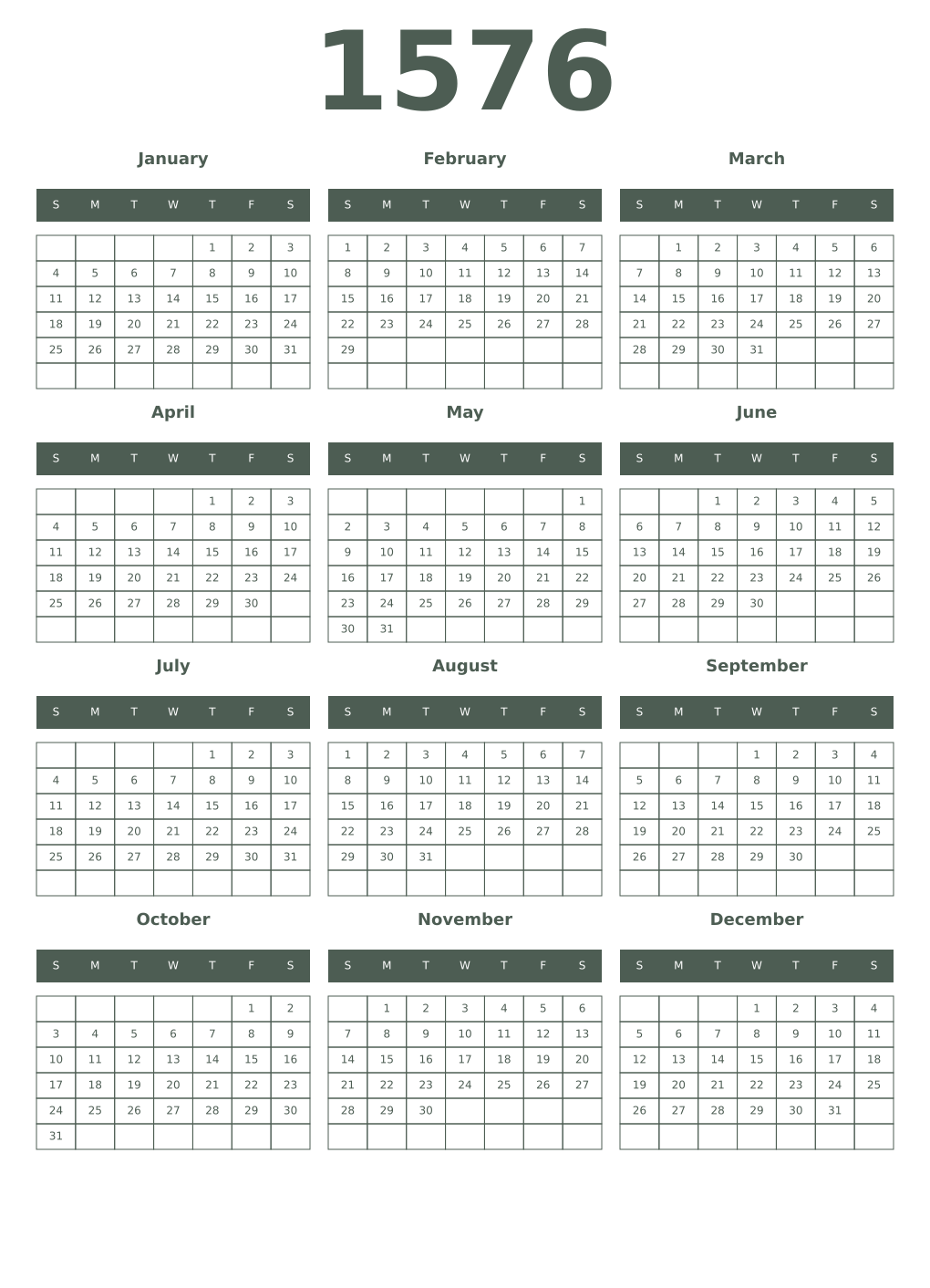 Printable 1576 Year Calendars feldgrau