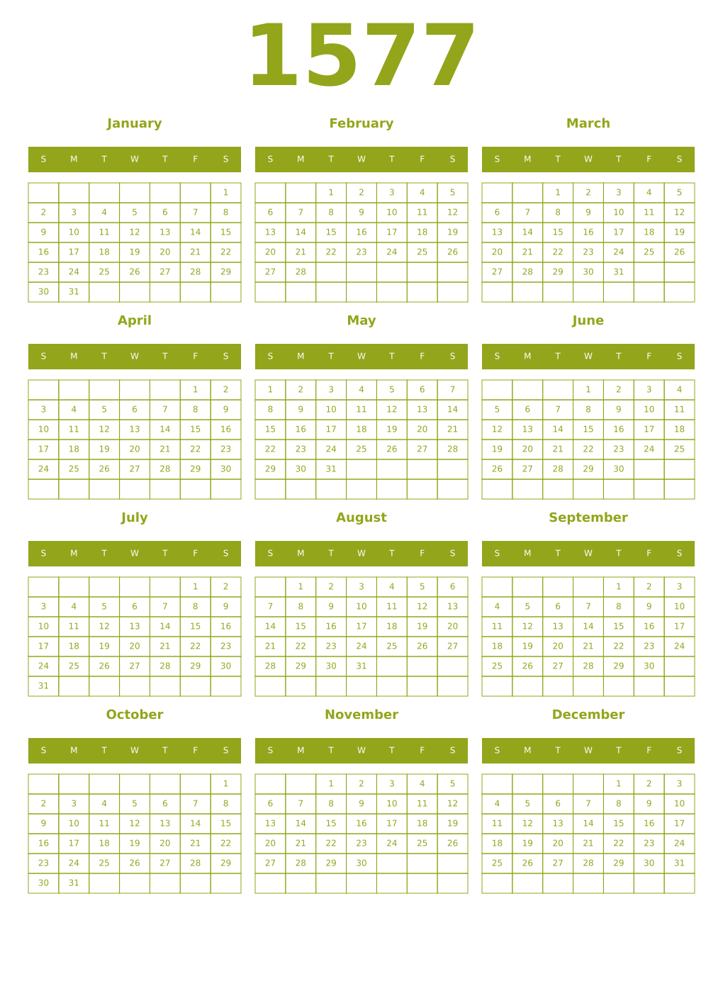 Printable 1577 Year Calendars chartreuse