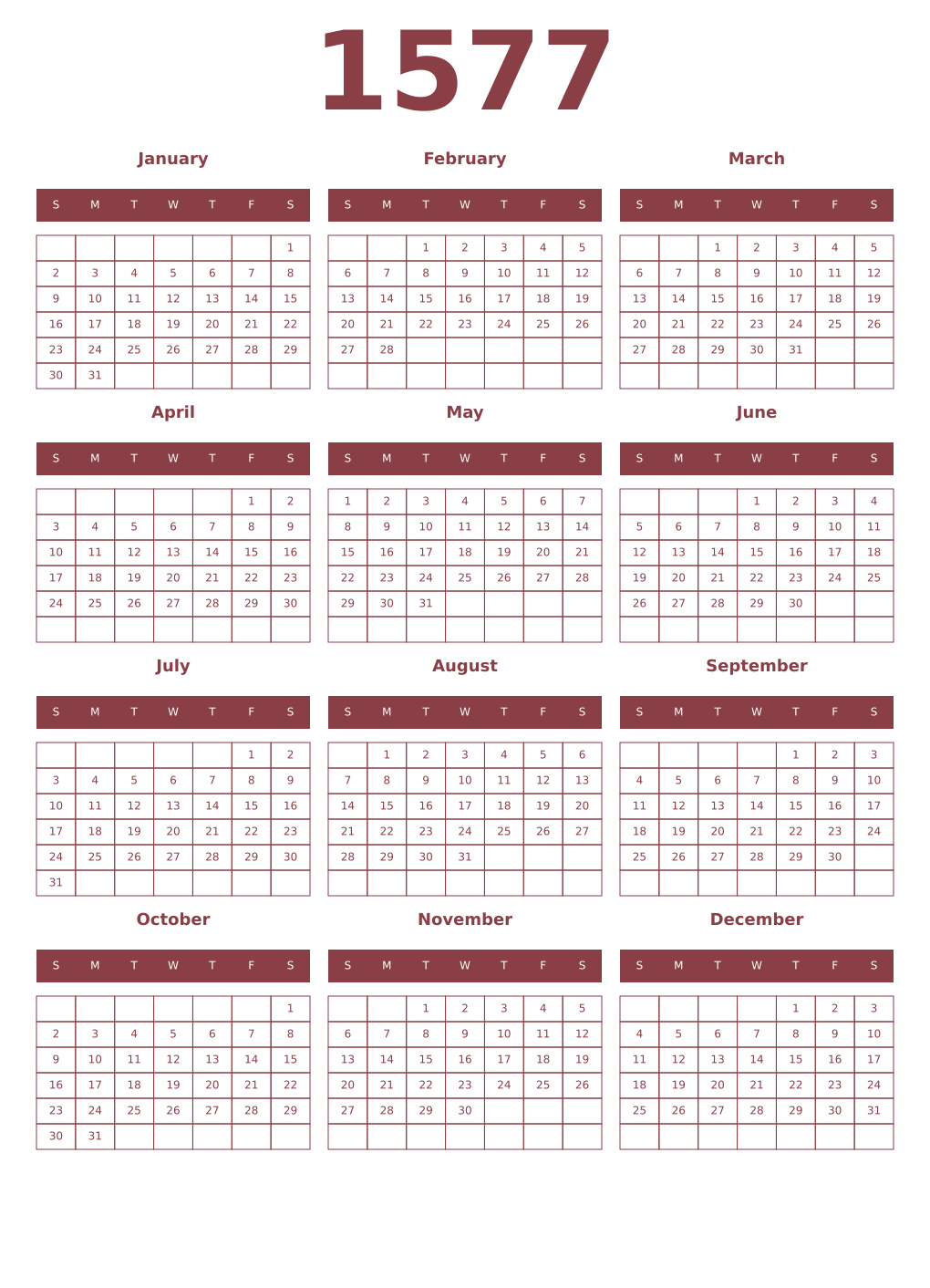 Printable 1577 Year Calendars cordovan