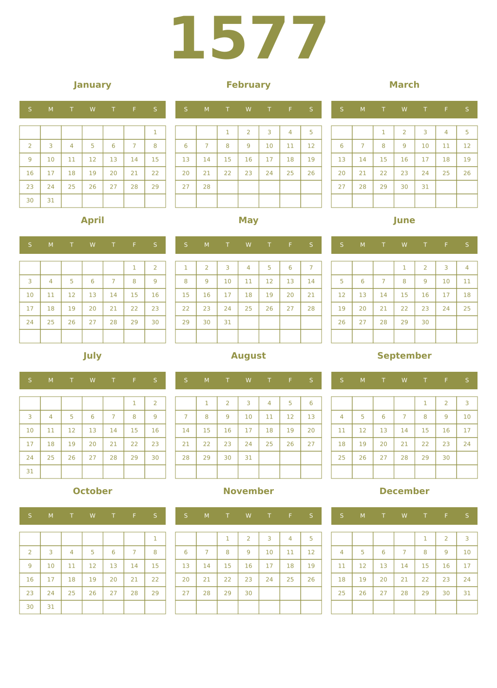 Printable 1577 Year Calendars eburnean