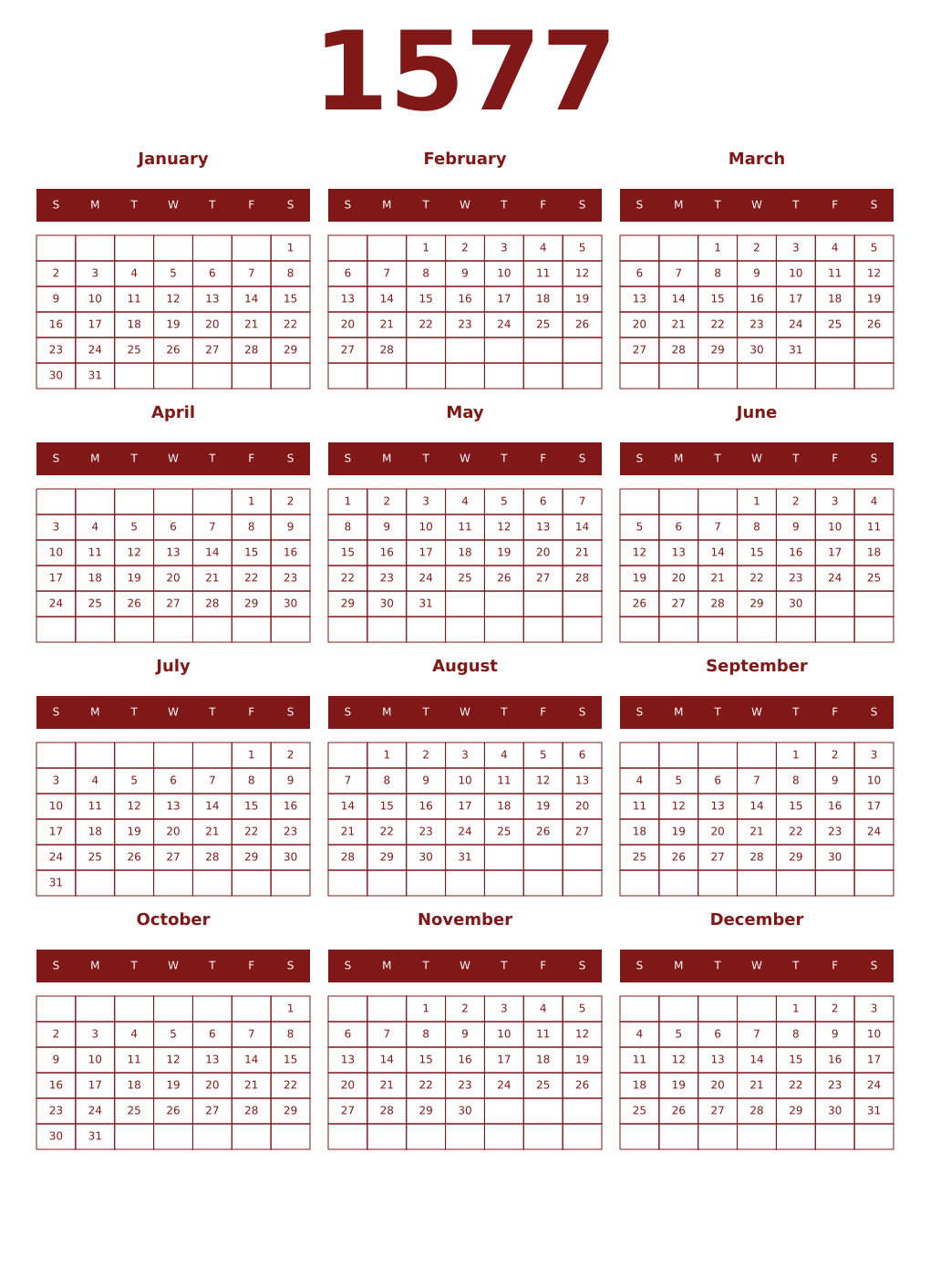 Printable 1577 Year Calendars falu