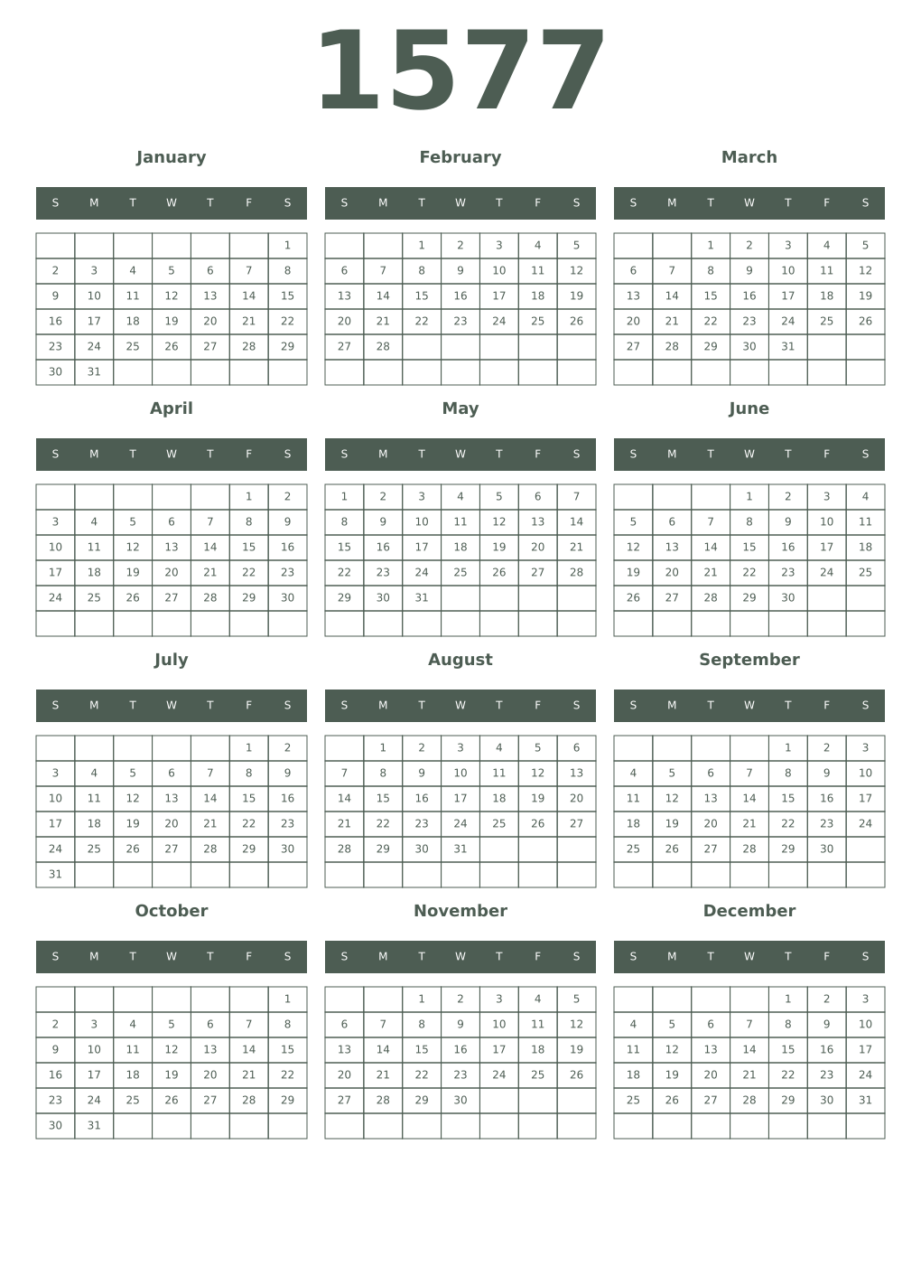 Printable 1577 Year Calendars feldgrau