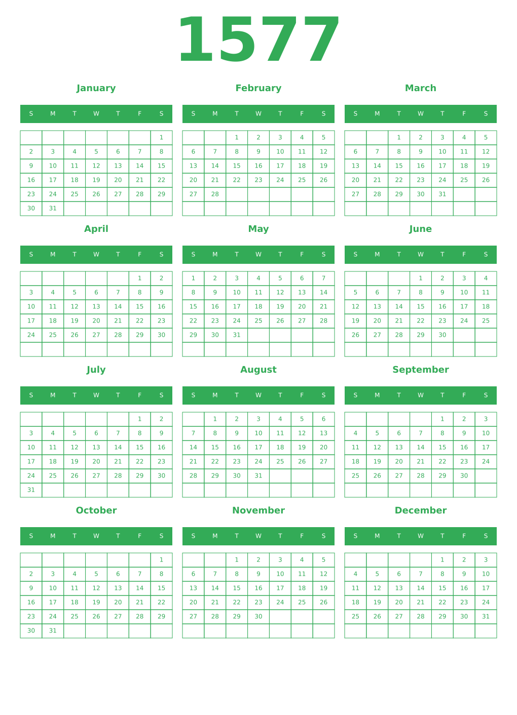Printable 1577 Year Calendars green