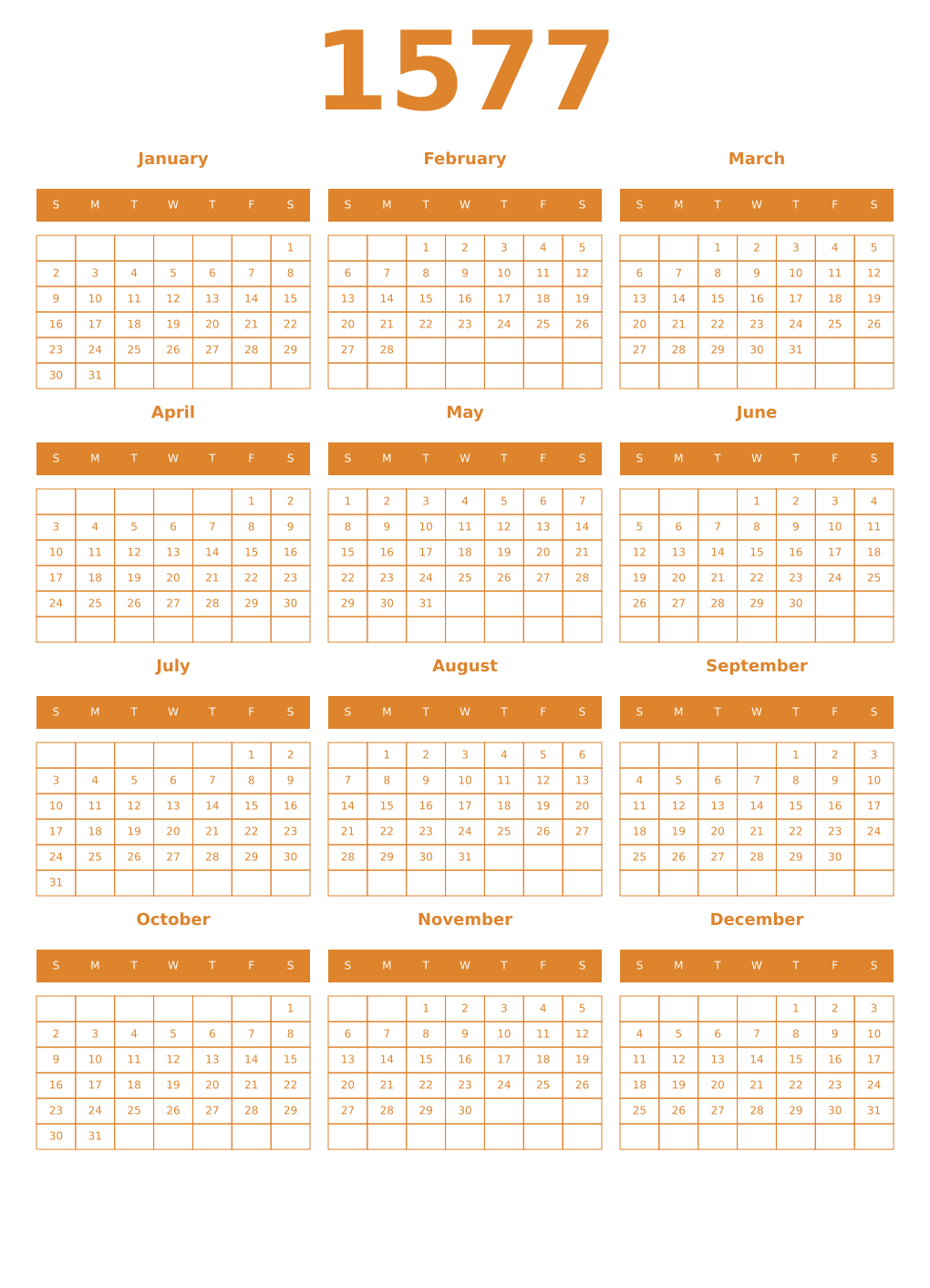 Printable 1577 Year Calendars orange