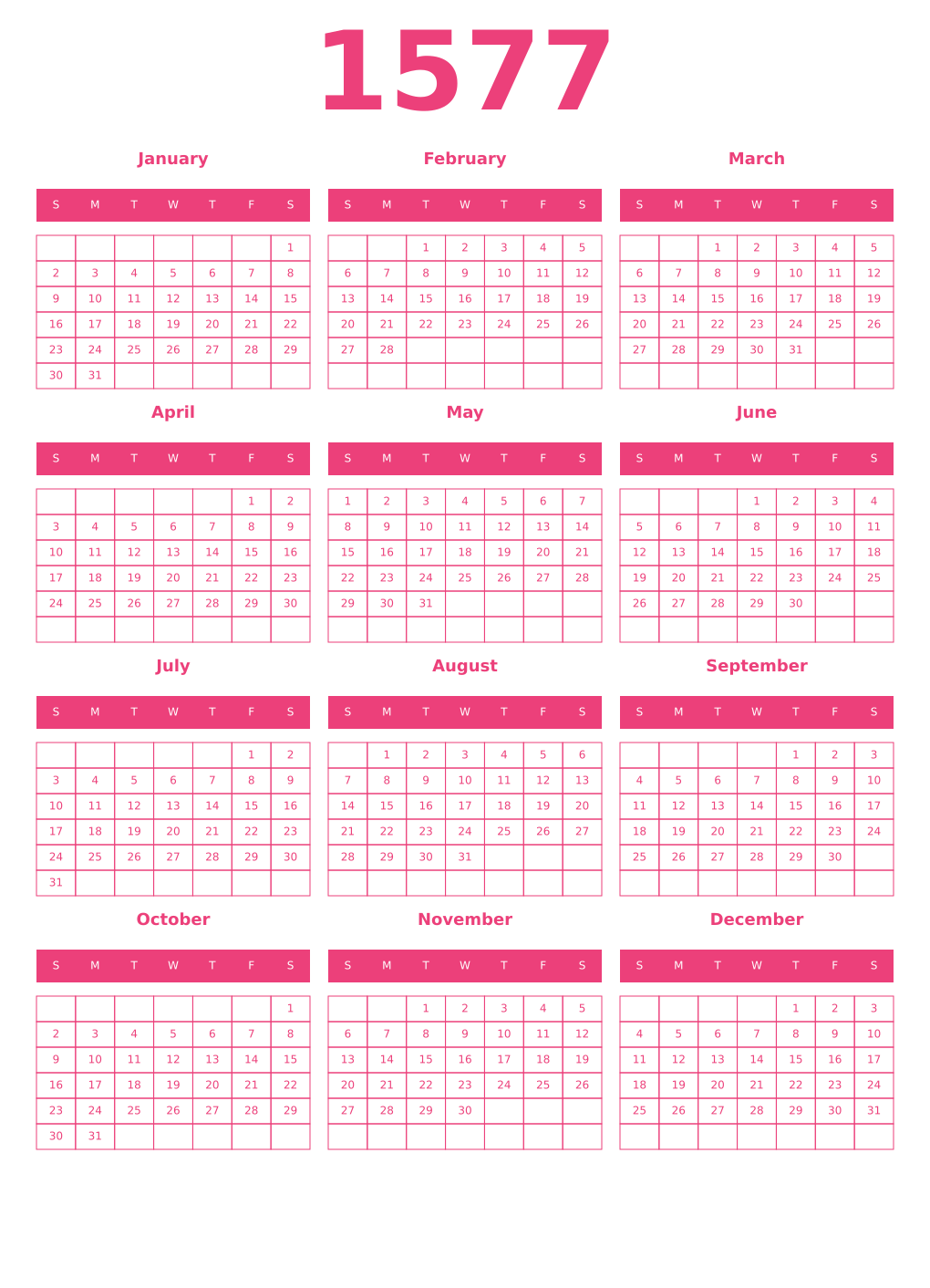 Printable 1577 Year Calendars pink