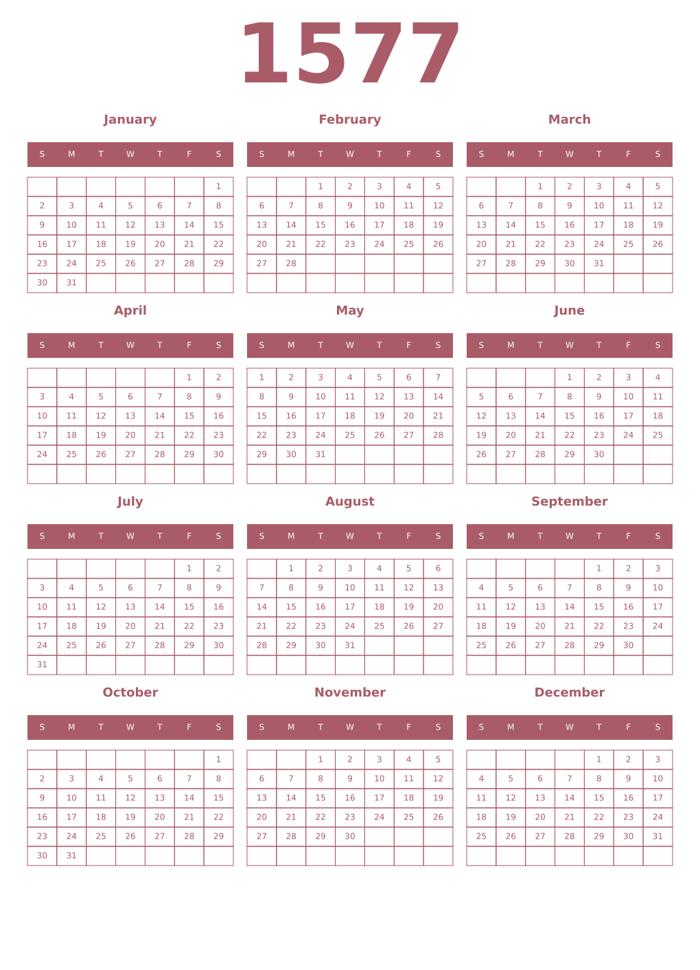 Printable 1577 Year Calendars puce