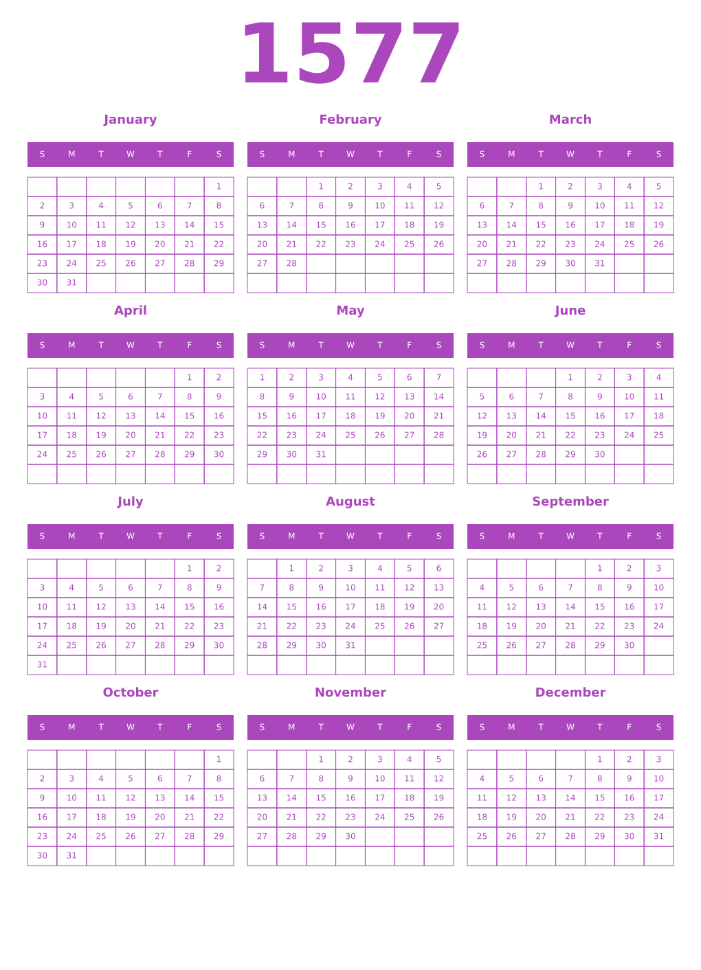 Printable 1577 Year Calendars purple