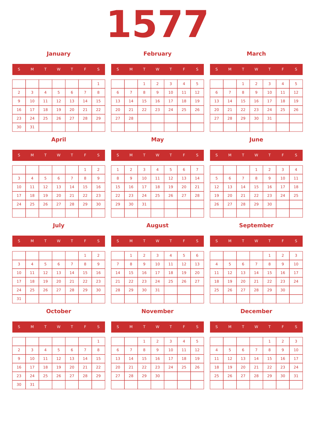Printable 1577 Year Calendars red