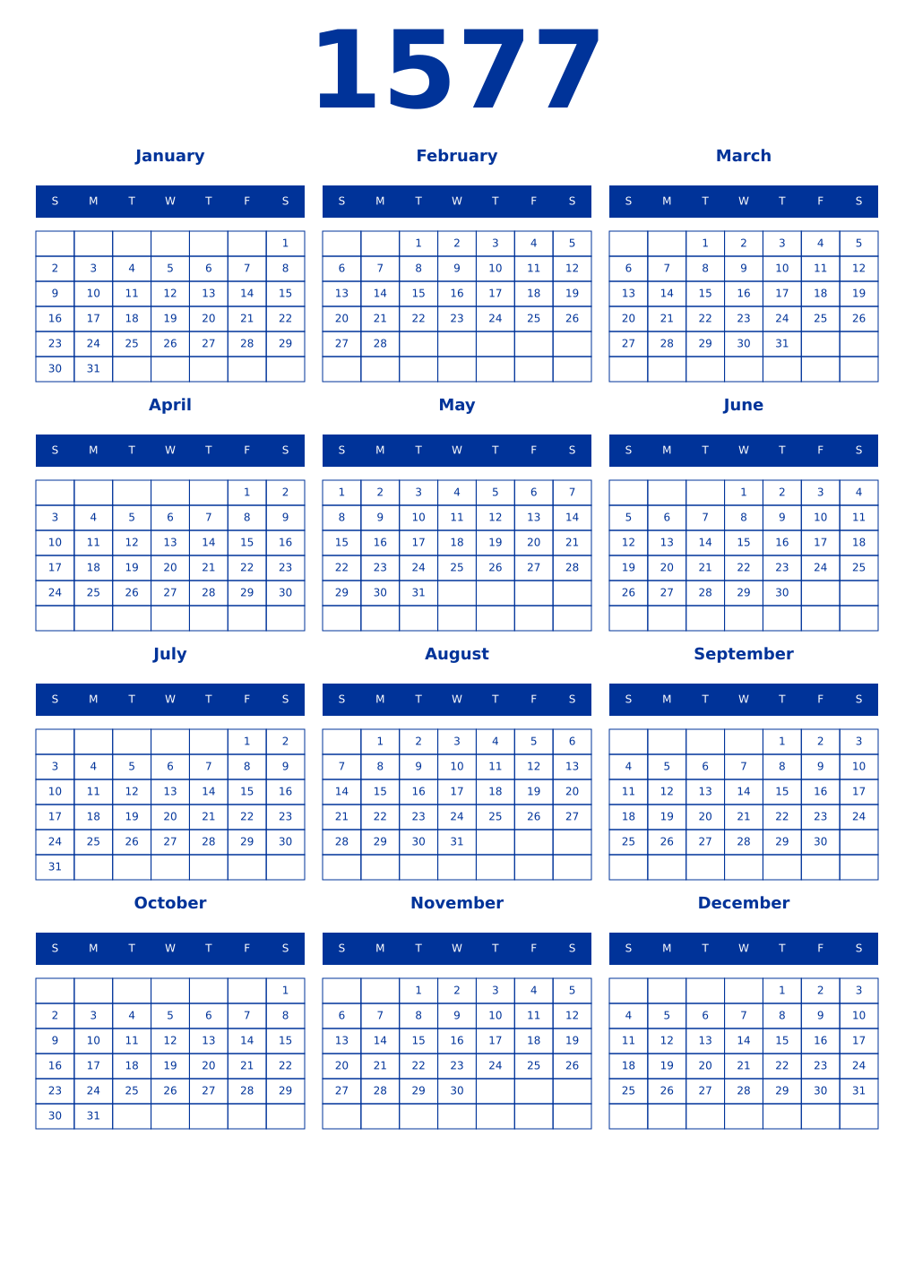 Printable 1577 Year Calendars smalt