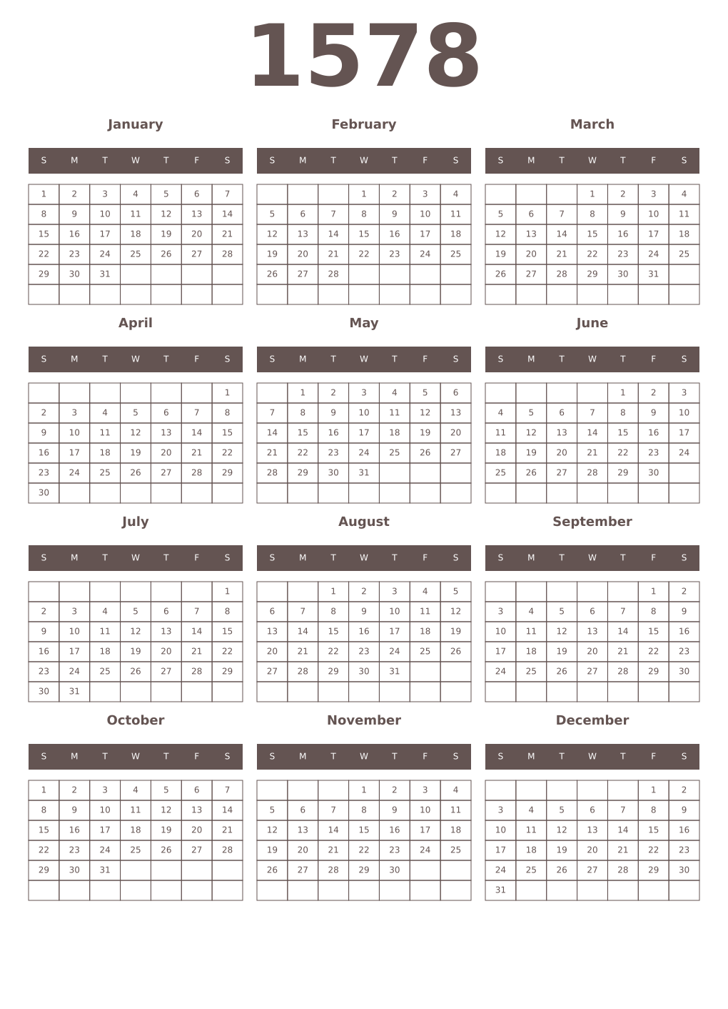 Printable 1578 Year Calendars wenge