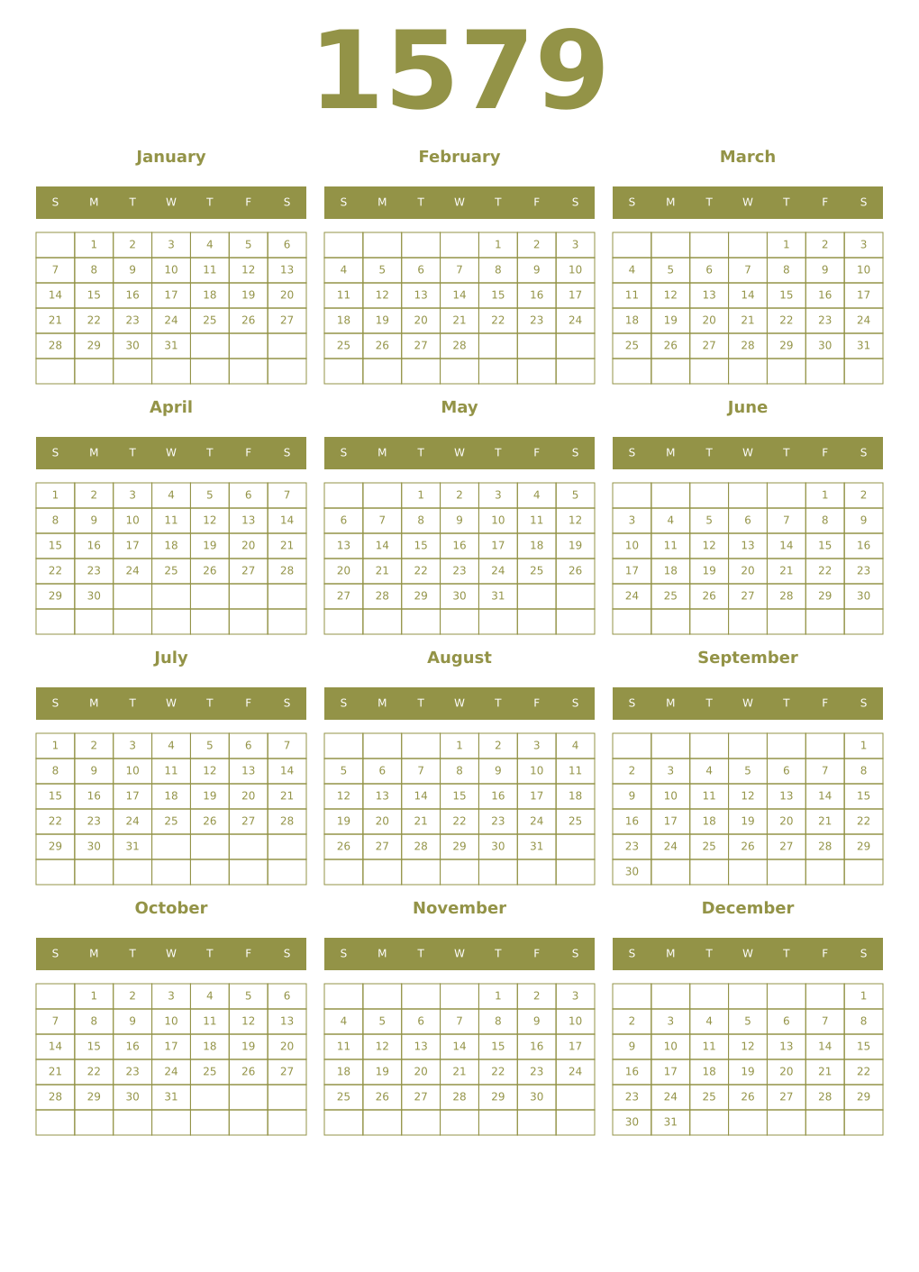 Printable 1579 Year Calendars eburnean