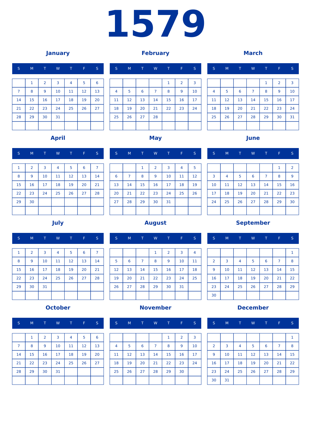 Printable 1579 Year Calendars smalt