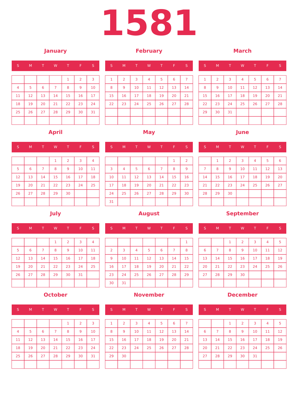 Printable 1581 Year Calendars amaranth