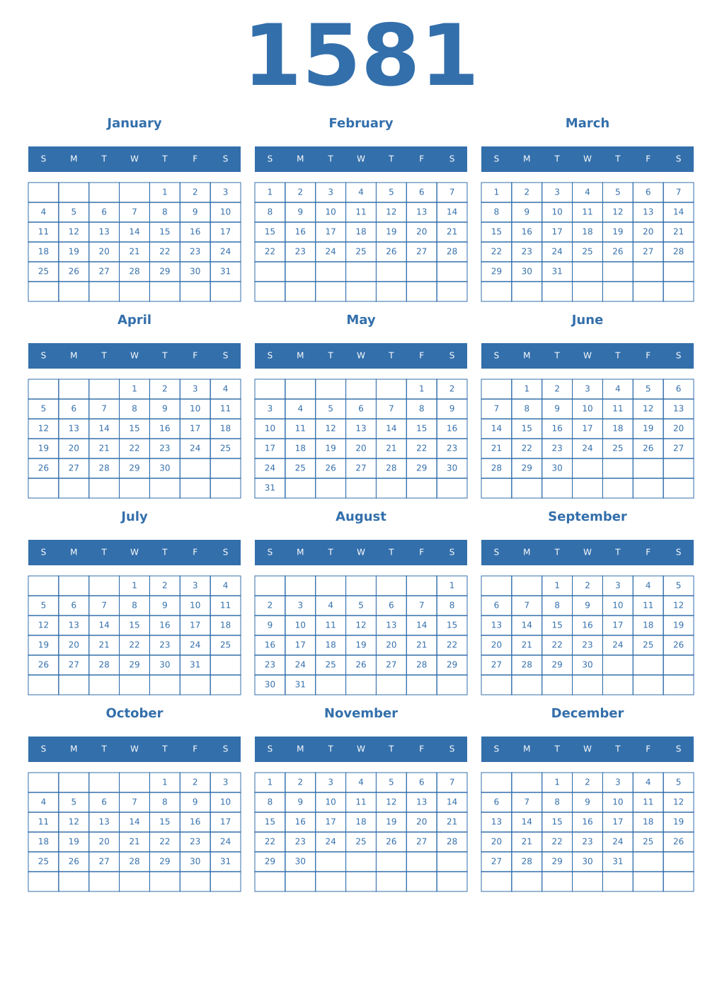 Printable 1581 Year Calendars blue