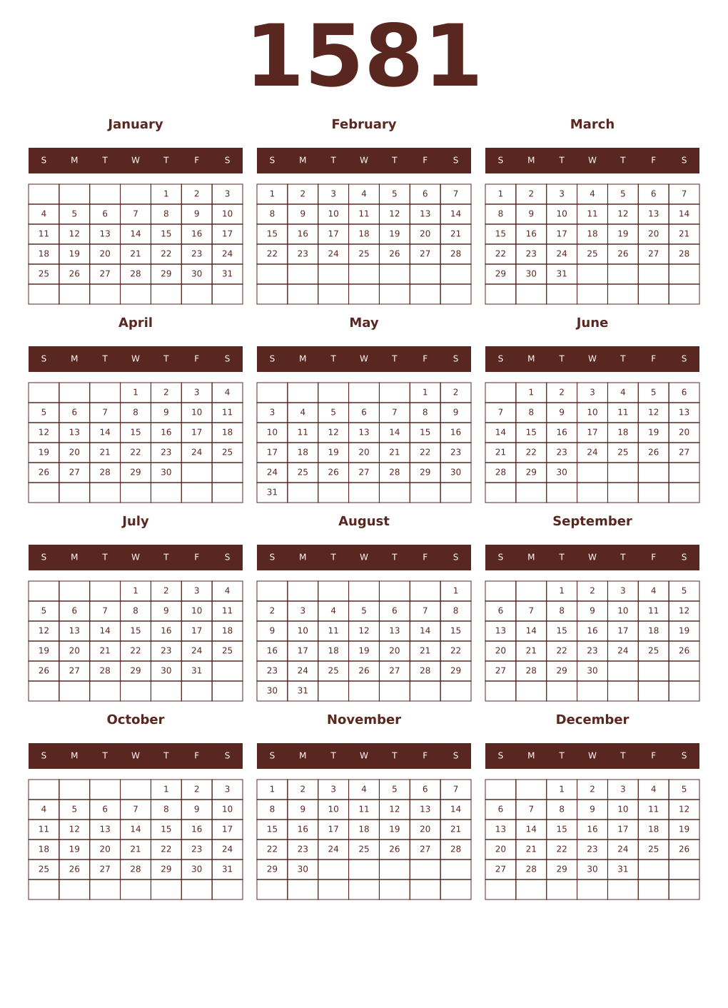 Printable 1581 Year Calendars mortuum