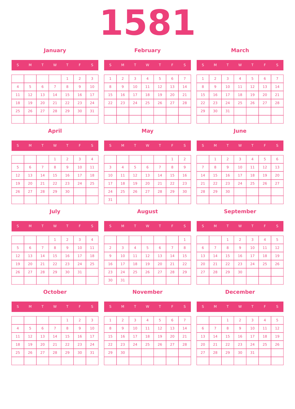 Printable 1581 Year Calendars pink