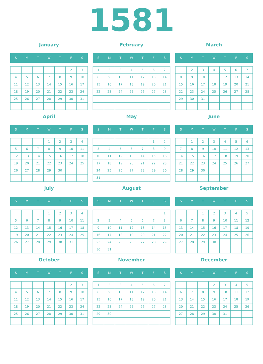 Printable 1581 Year Calendars verdigris