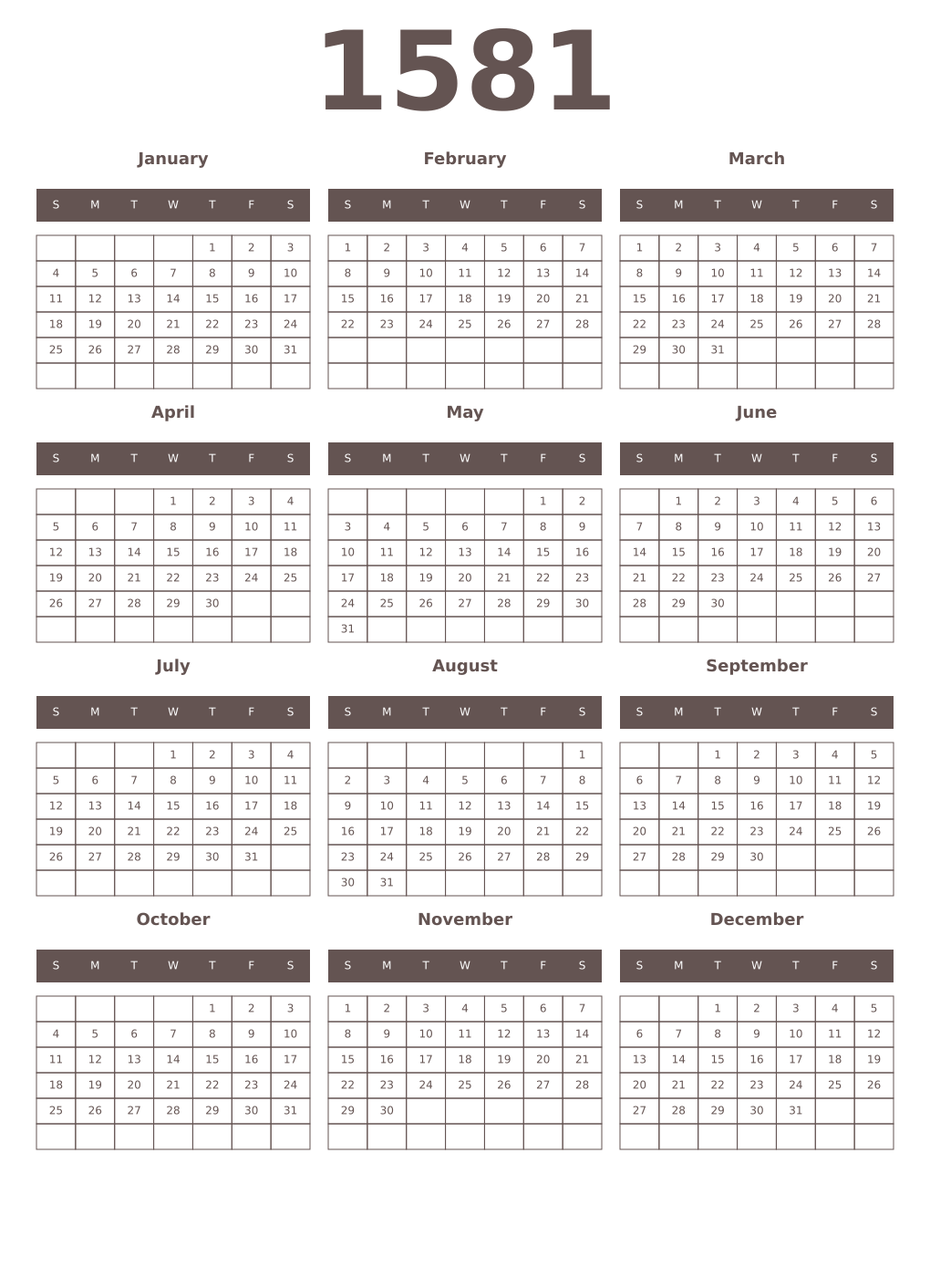Printable 1581 Year Calendars wenge