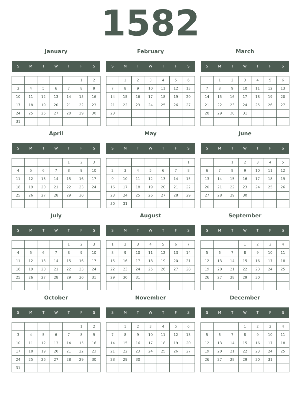 Printable 1582 Year Calendars feldgrau