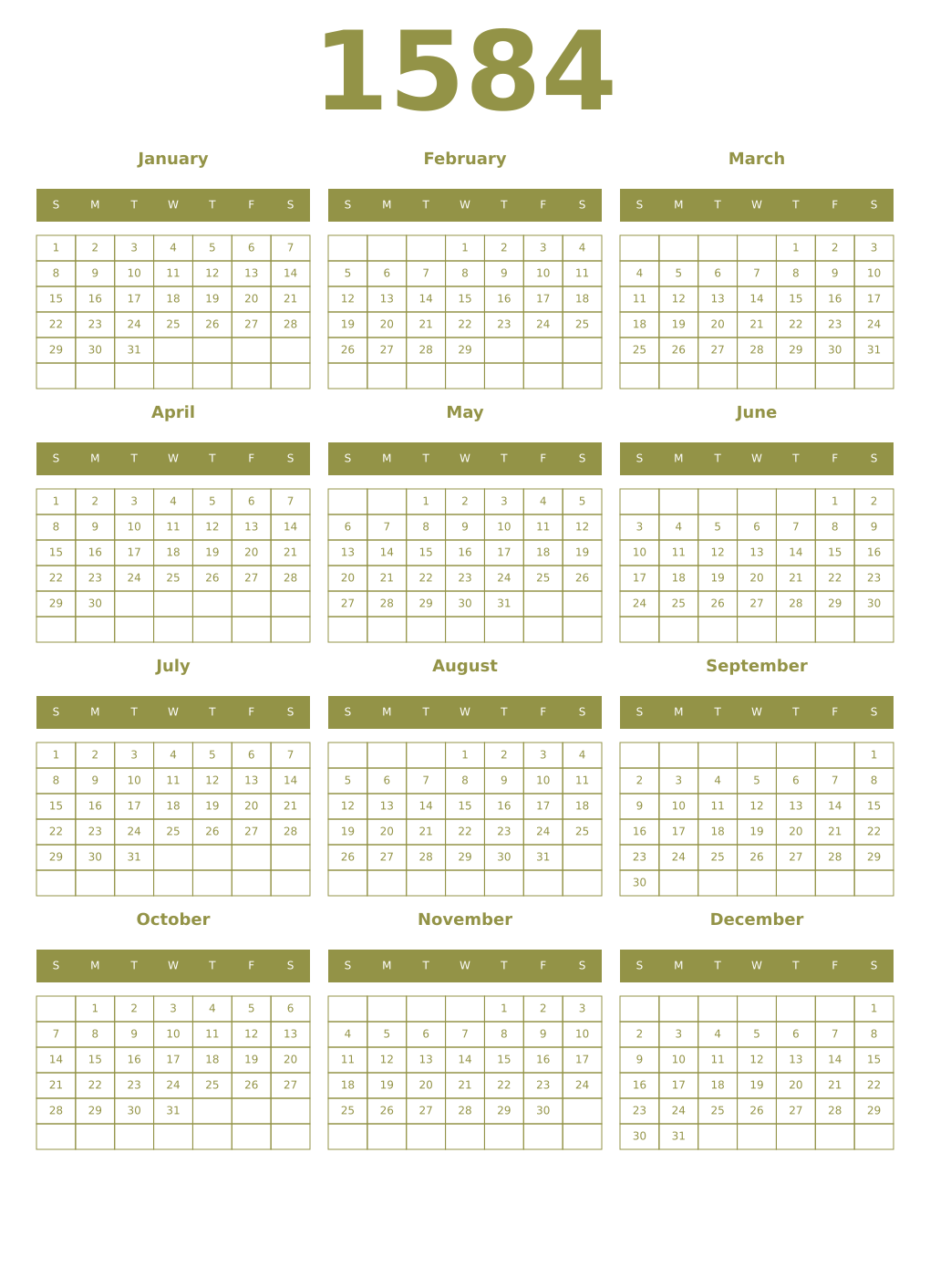 Printable 1584 Year Calendars eburnean