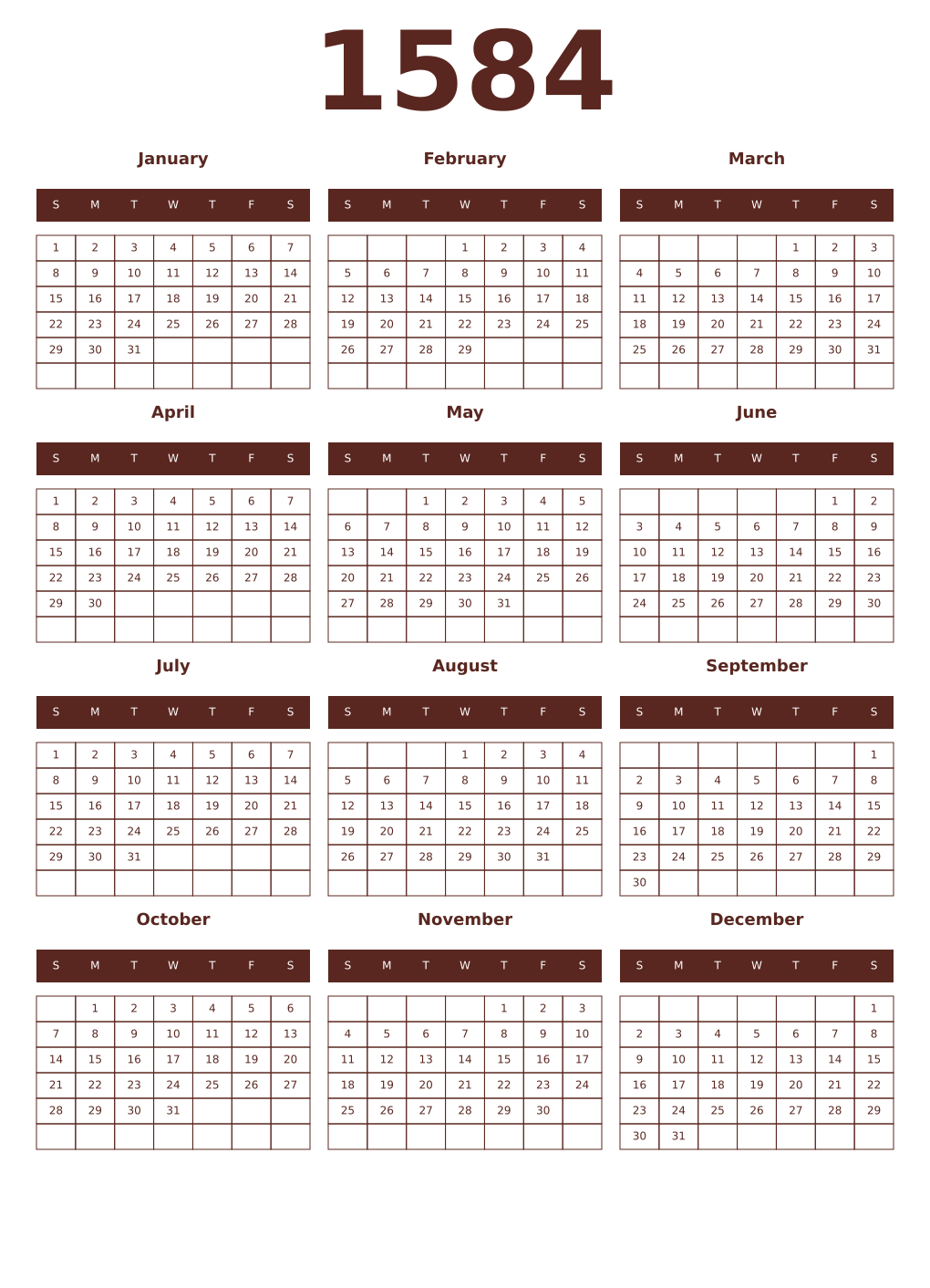 Printable 1584 Year Calendars mortuum