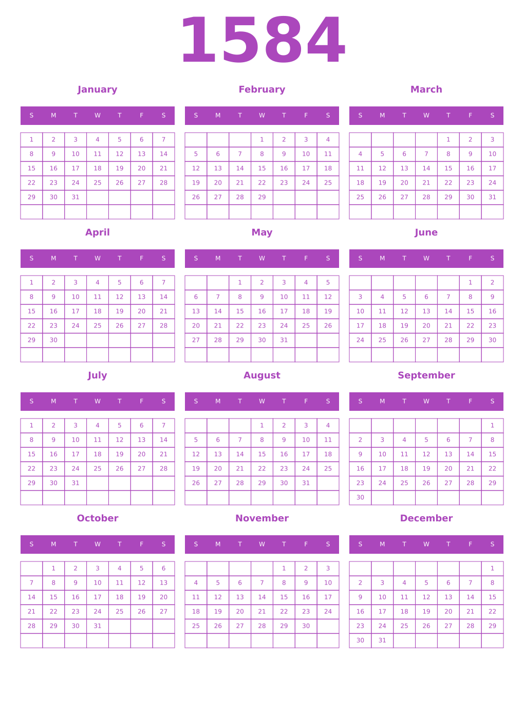 Printable 1584 Year Calendars purple