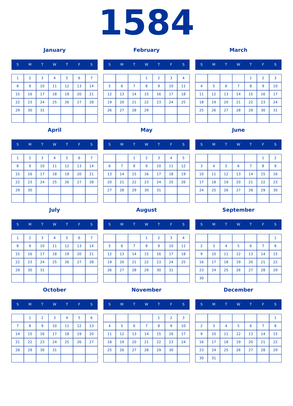 Printable 1584 Year Calendars smalt