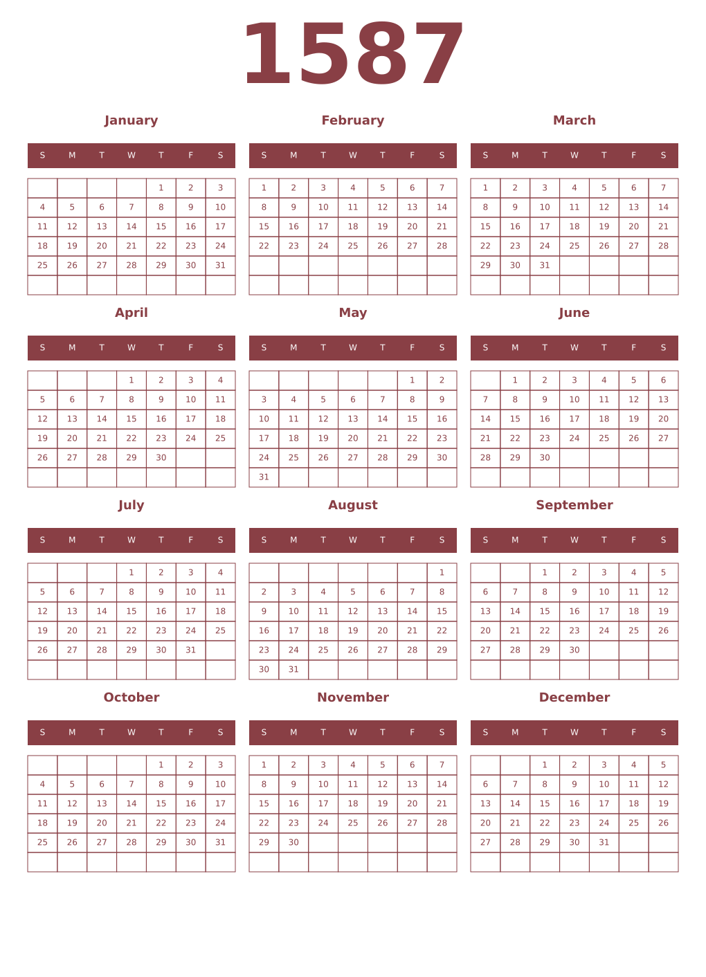 Printable 1587 Year Calendars cordovan