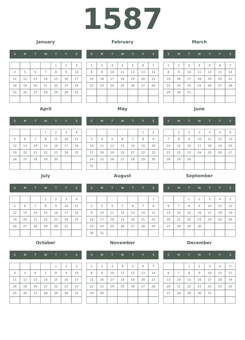 Printable 1587 Year Calendars feldgrau