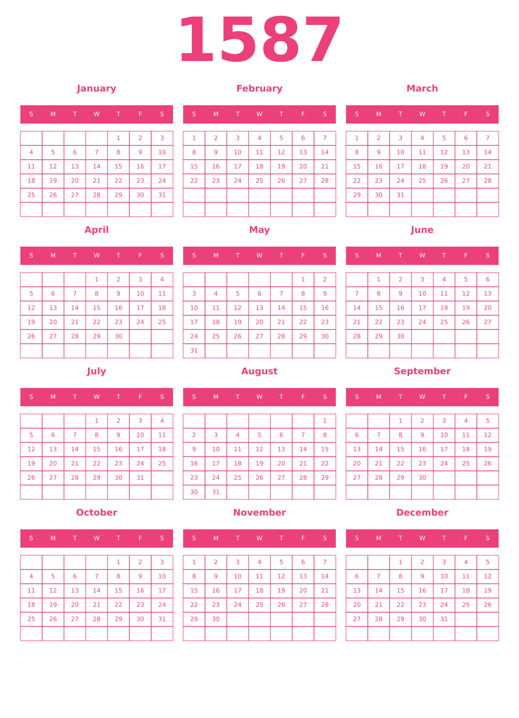 Printable 1587 Year Calendars pink