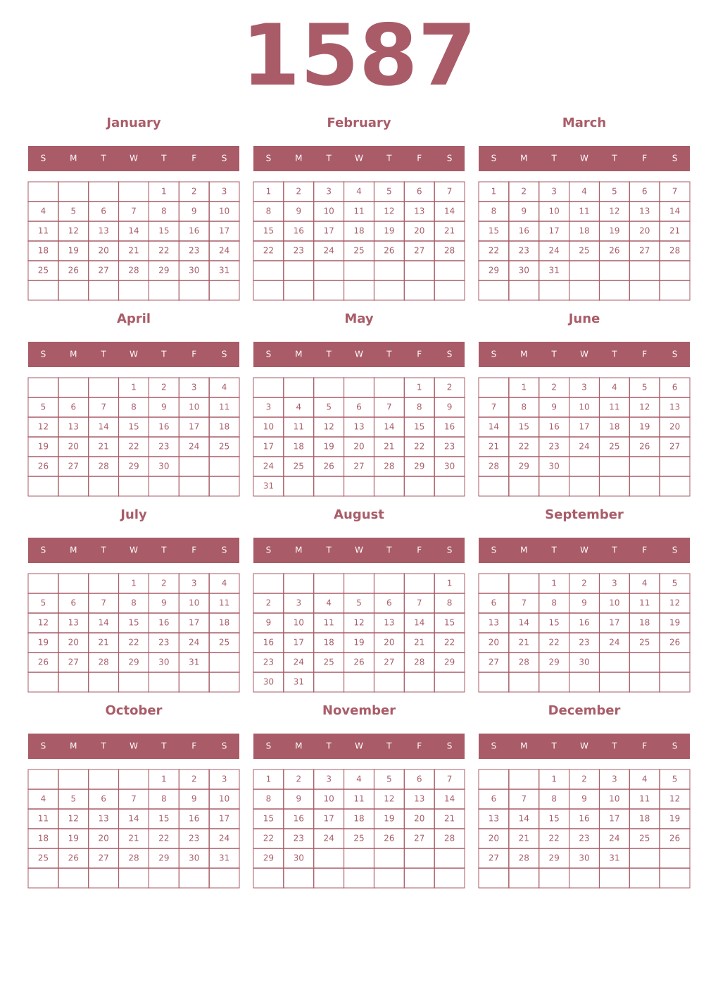 Printable 1587 Year Calendars puce
