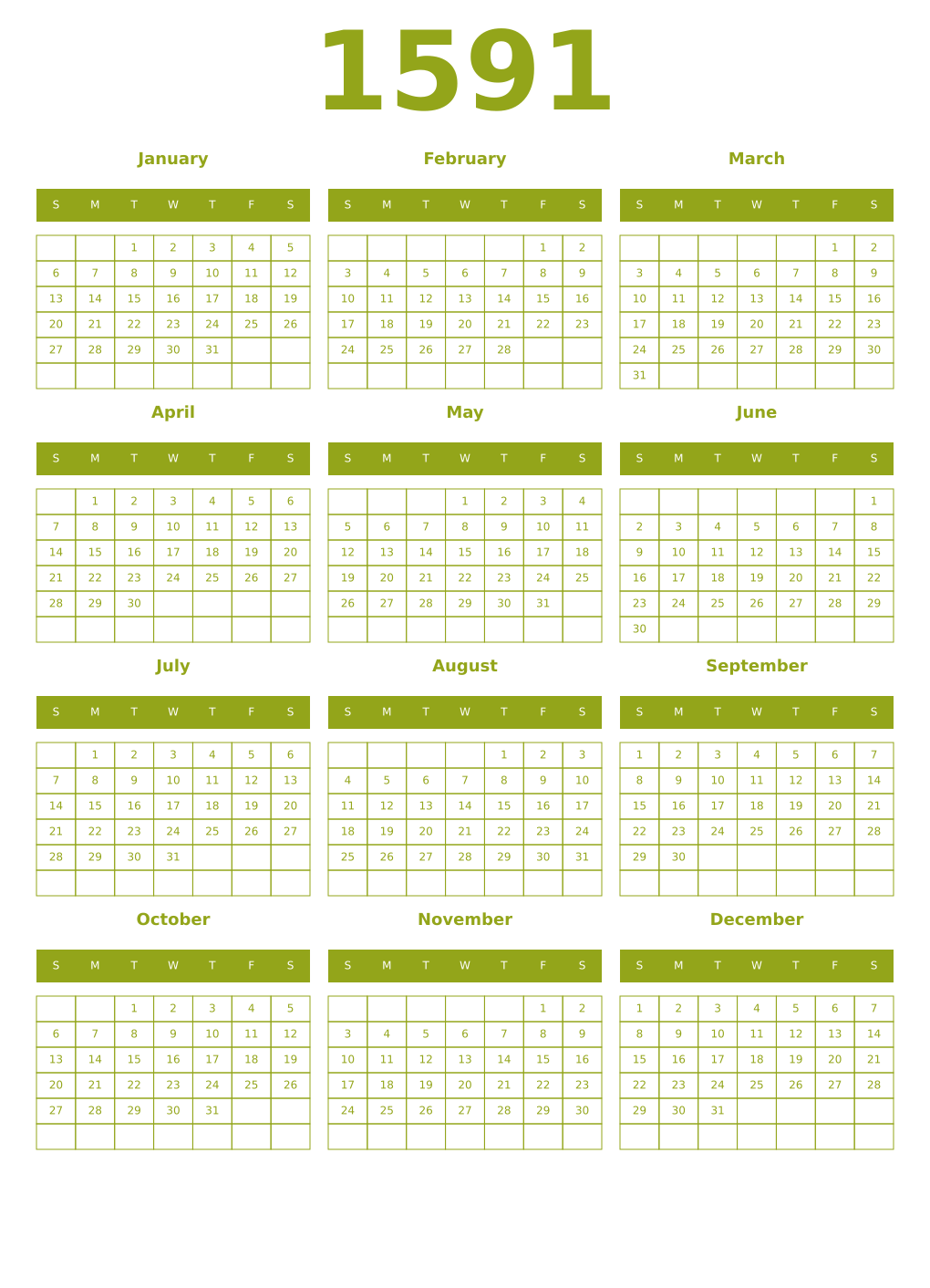 Printable 1591 Year Calendars chartreuse