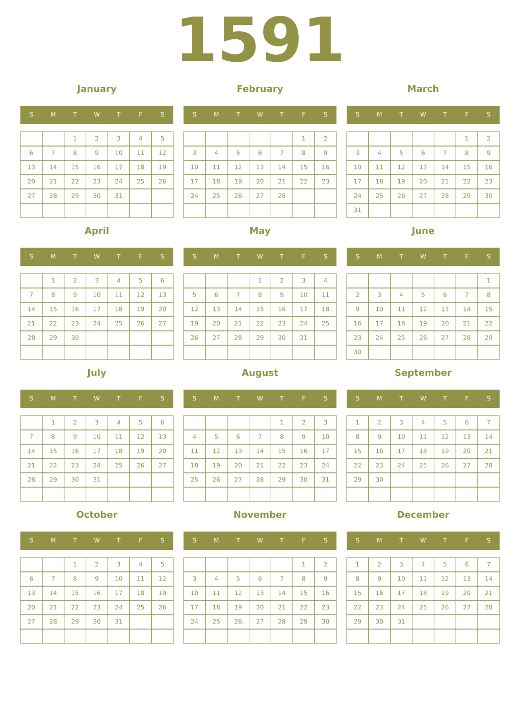 Printable 1591 Year Calendars eburnean