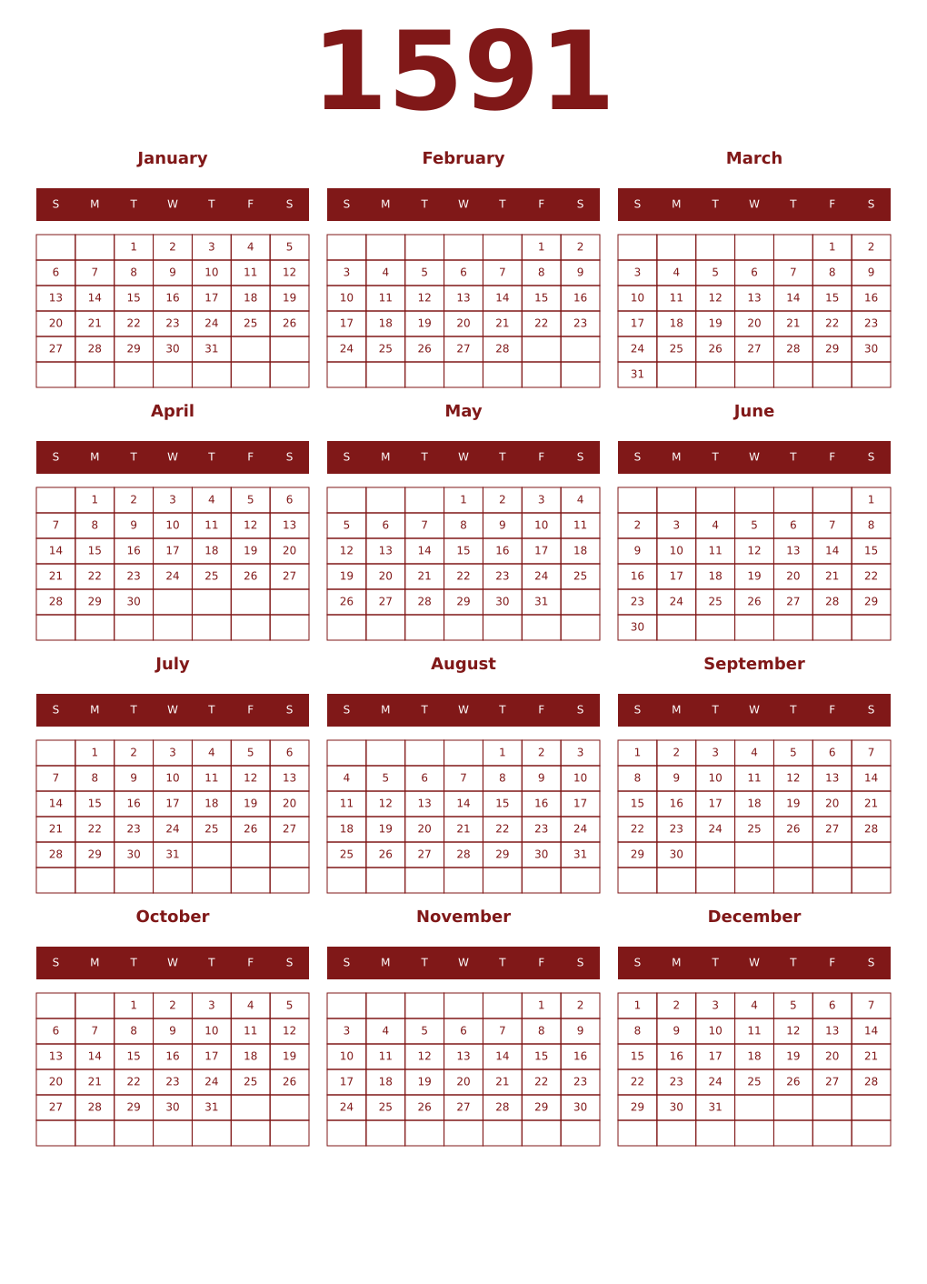 Printable 1591 Year Calendars falu