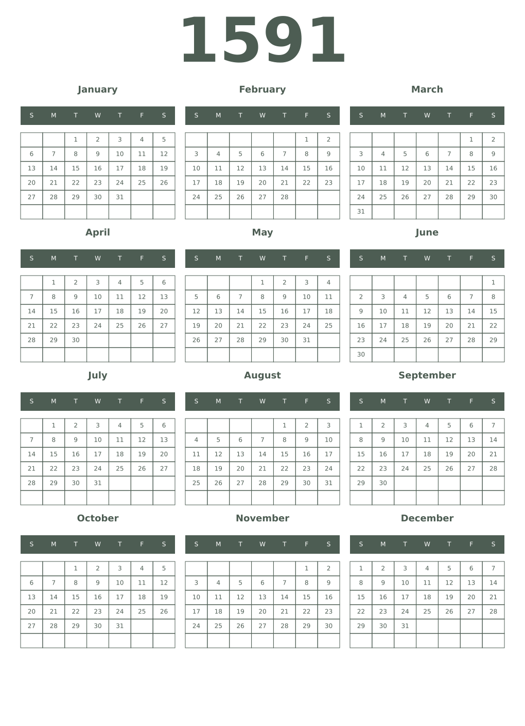 Printable 1591 Year Calendars feldgrau