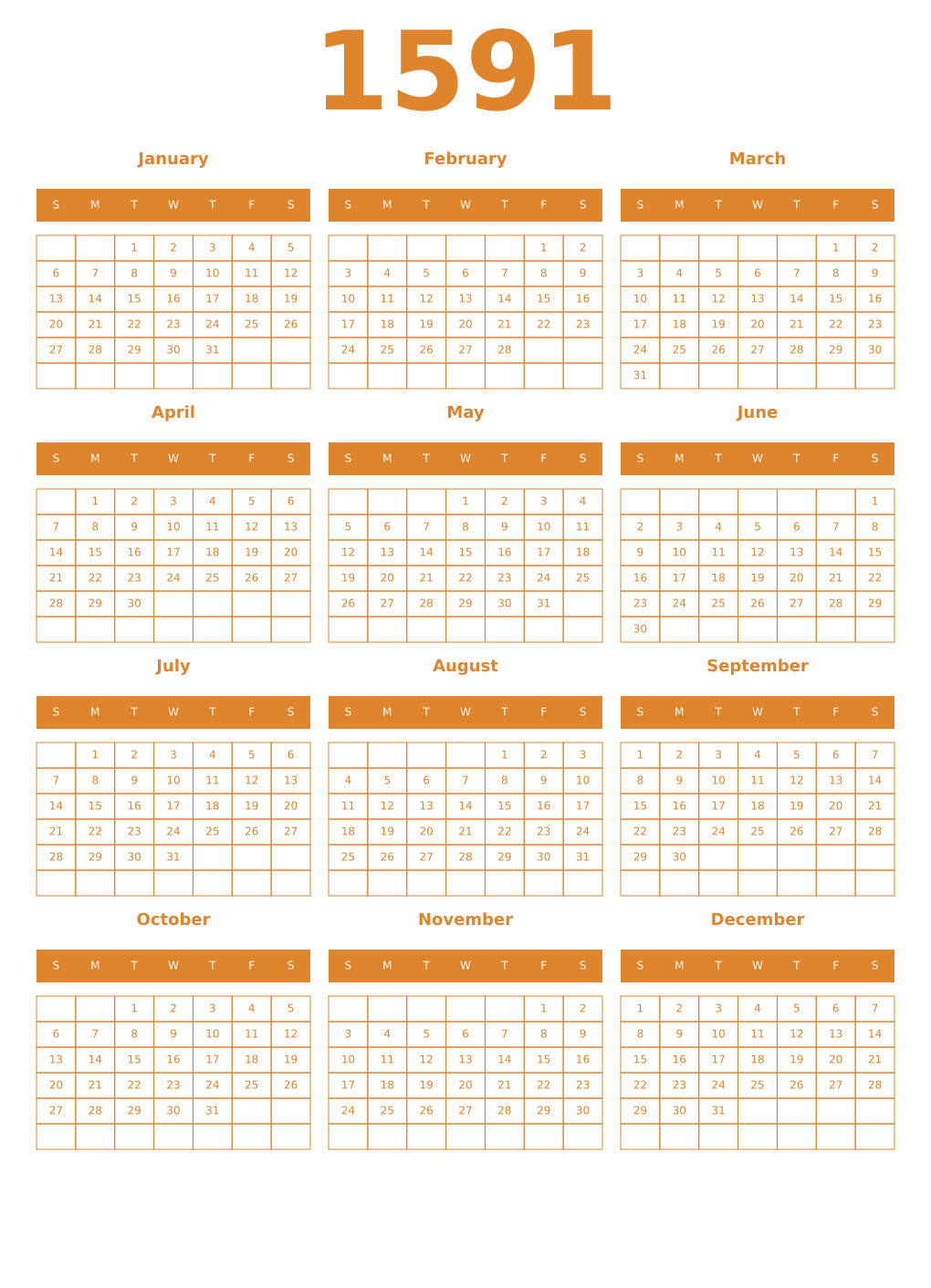 Printable 1591 Year Calendars orange