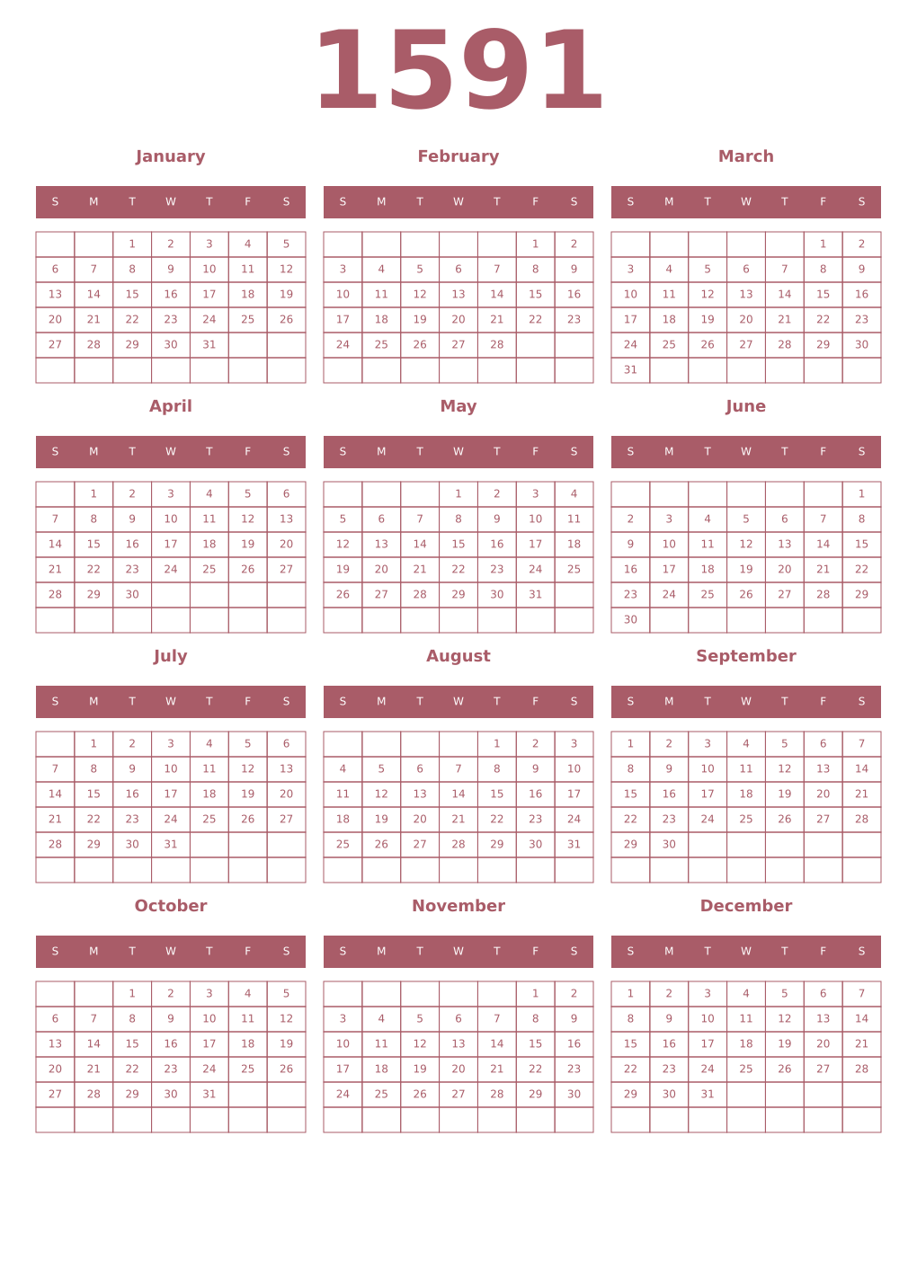Printable 1591 Year Calendars puce