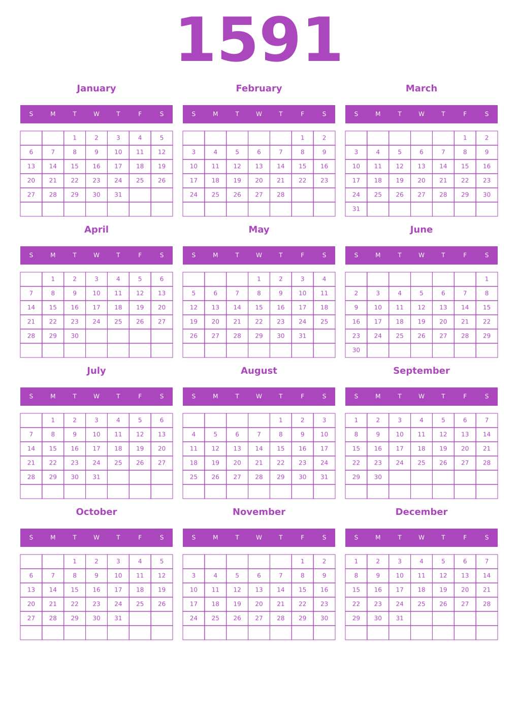 Printable 1591 Year Calendars purple