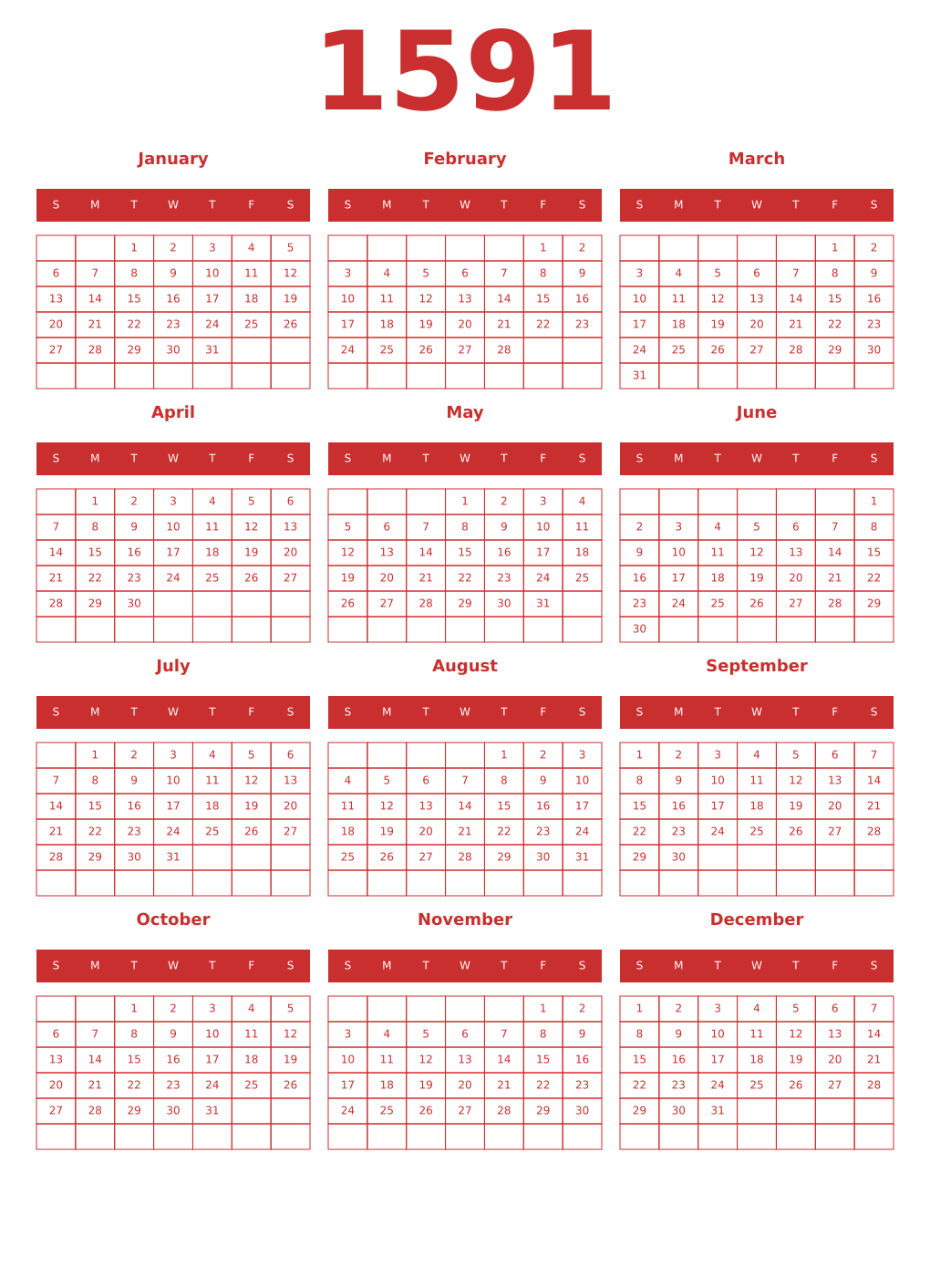 Printable 1591 Year Calendars red