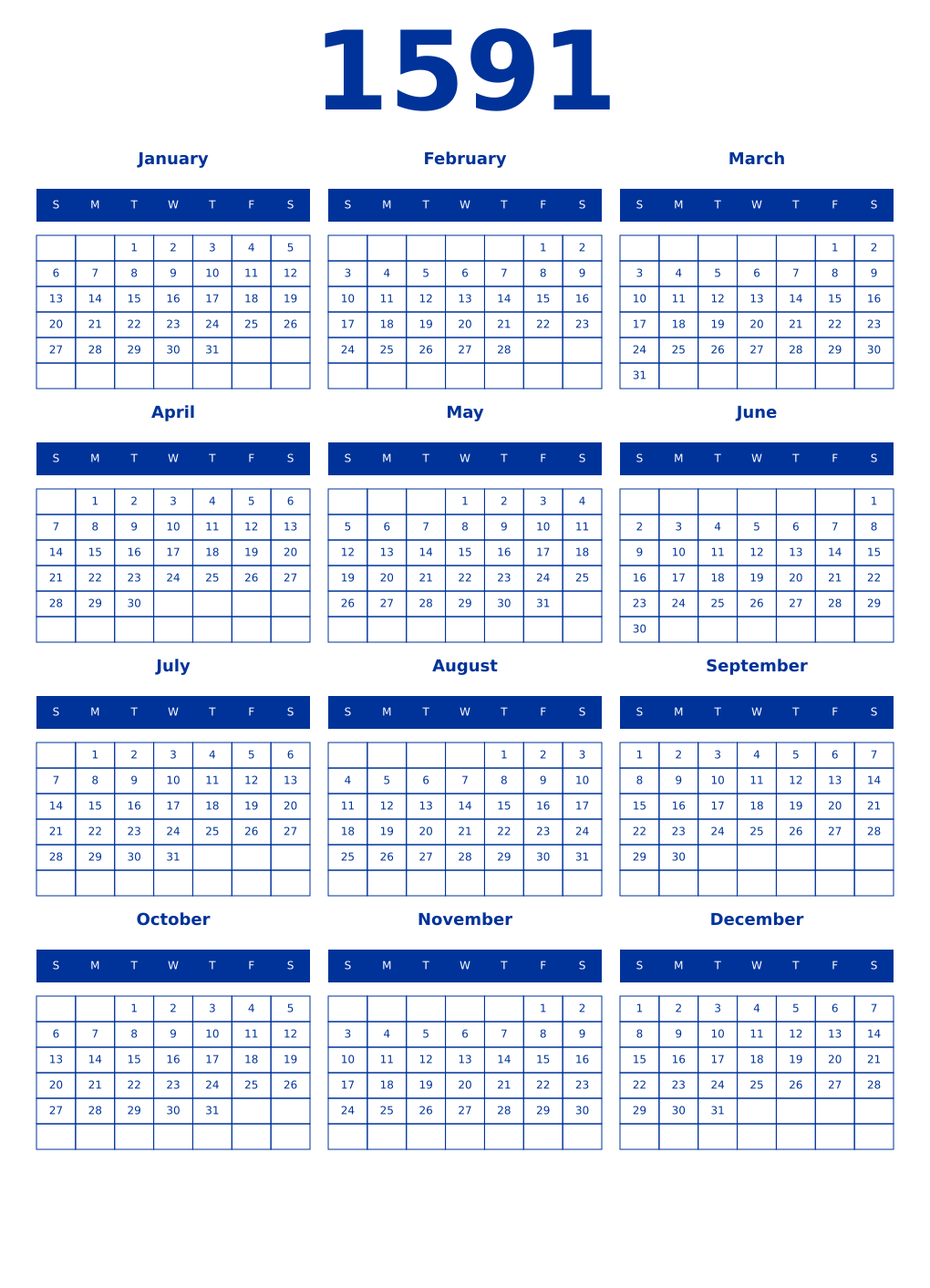 Printable 1591 Year Calendars smalt