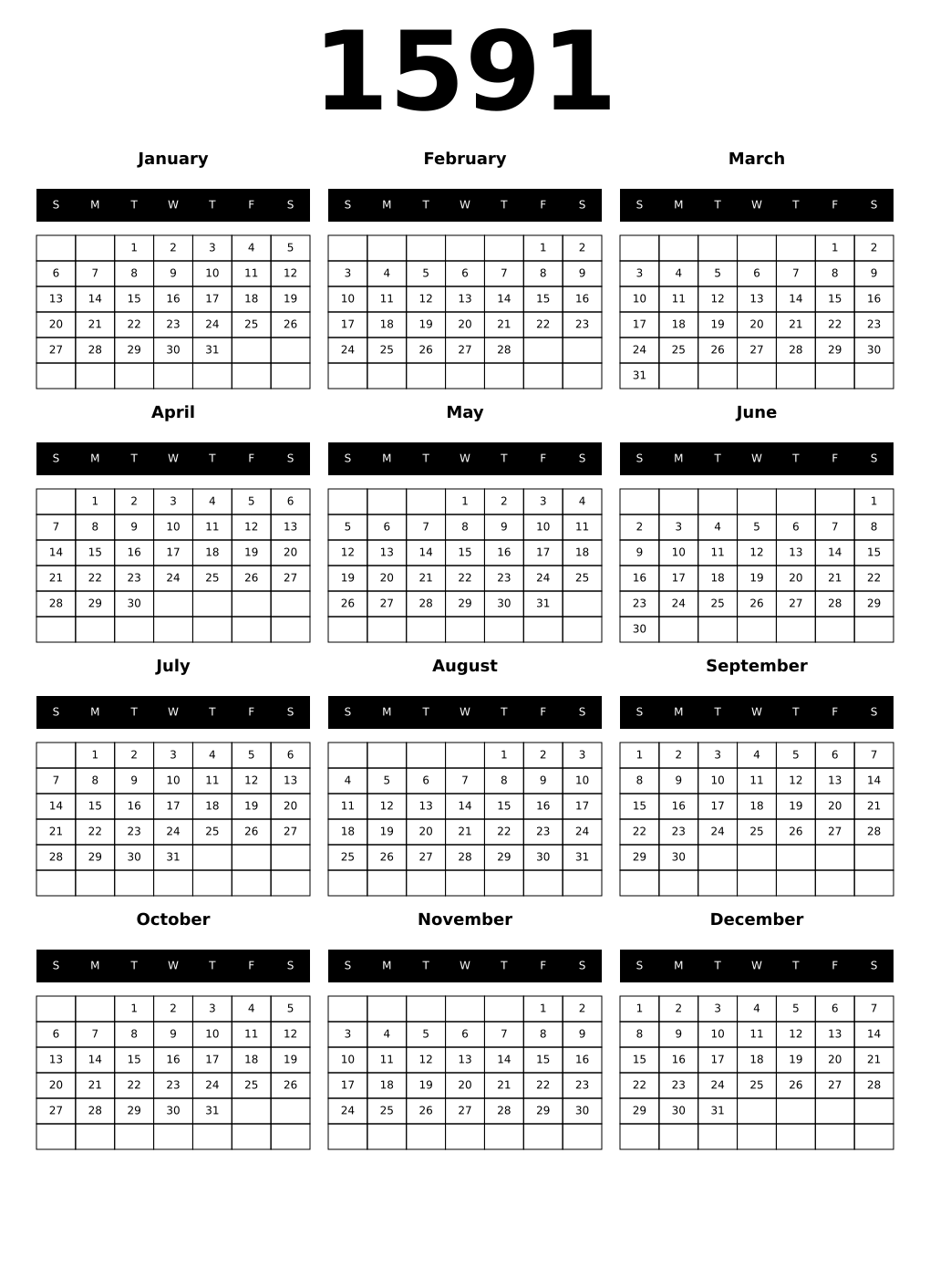 Printable 1591 Calendars