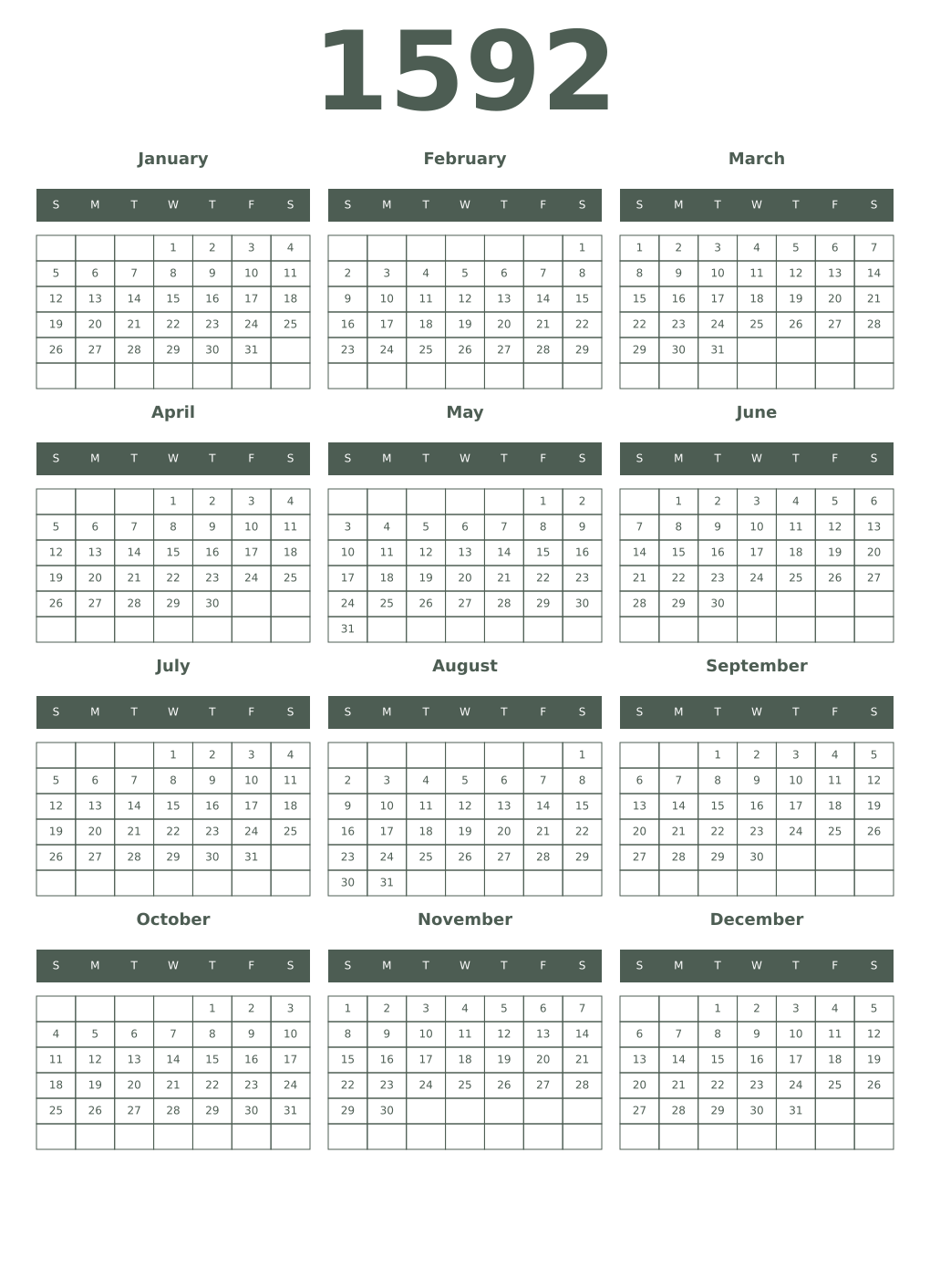 Printable 1592 Year Calendars feldgrau