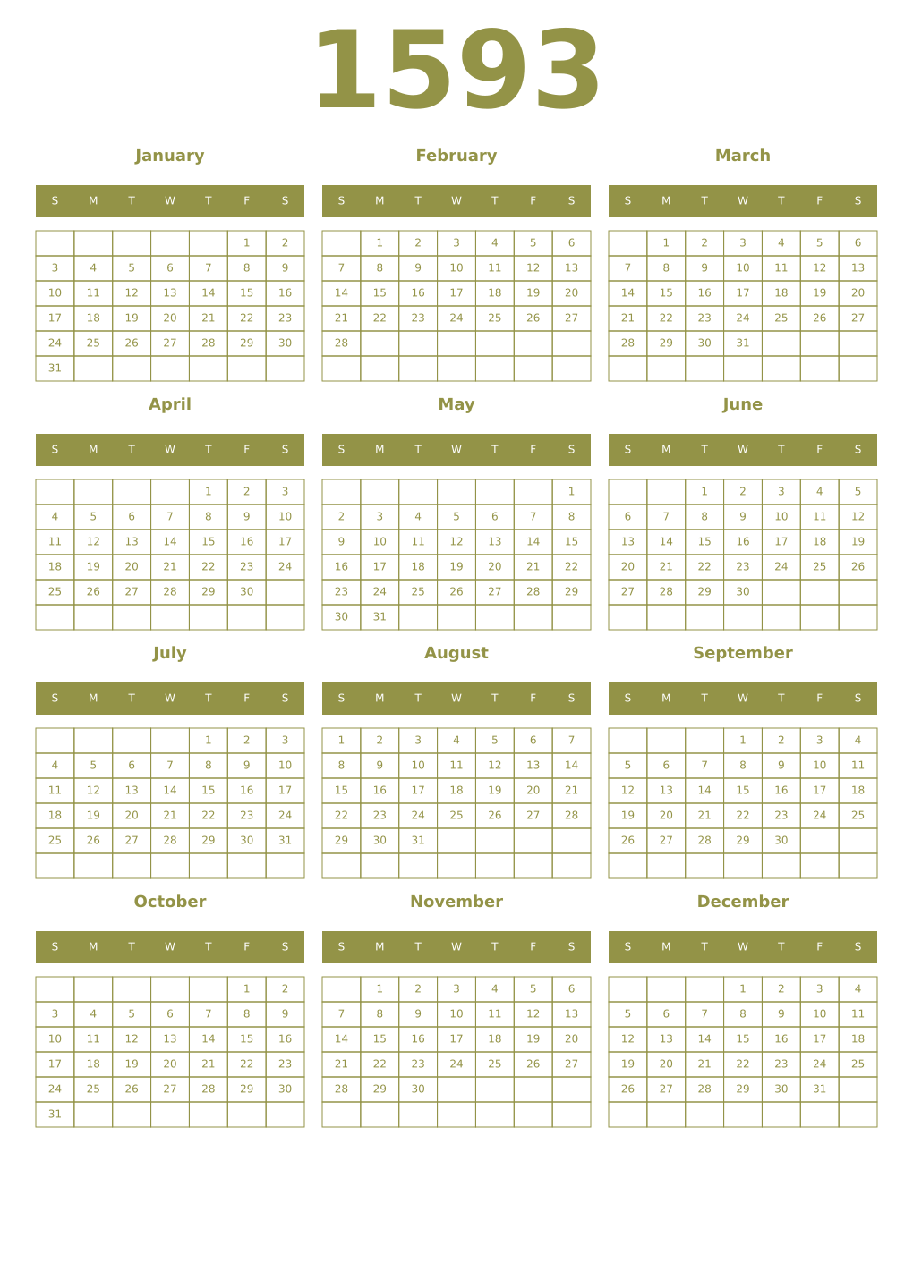 Printable 1593 Year Calendars eburnean